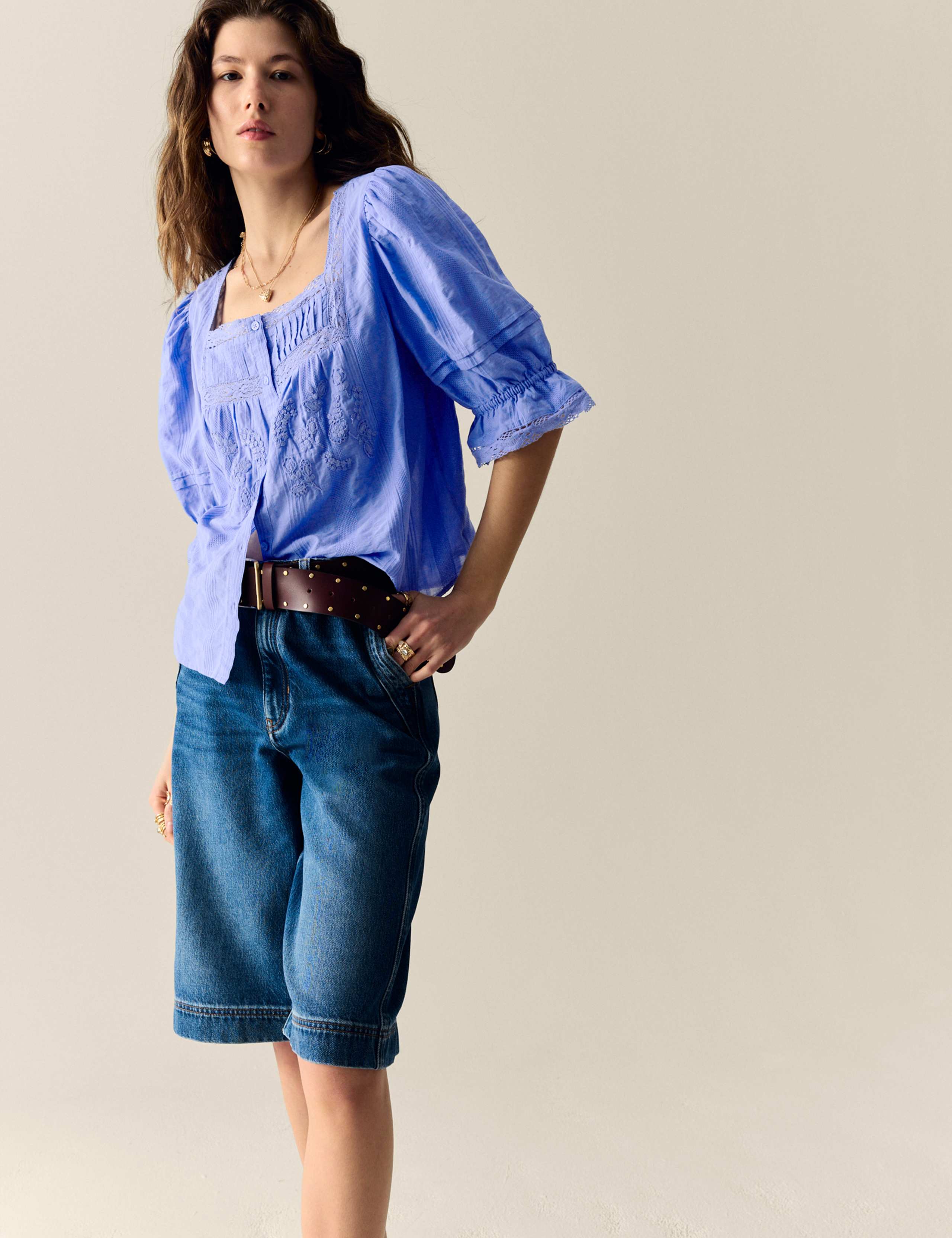 Cotton Rich Square Neck Lace Detail Puff Sleeve Blouse 3 of 5