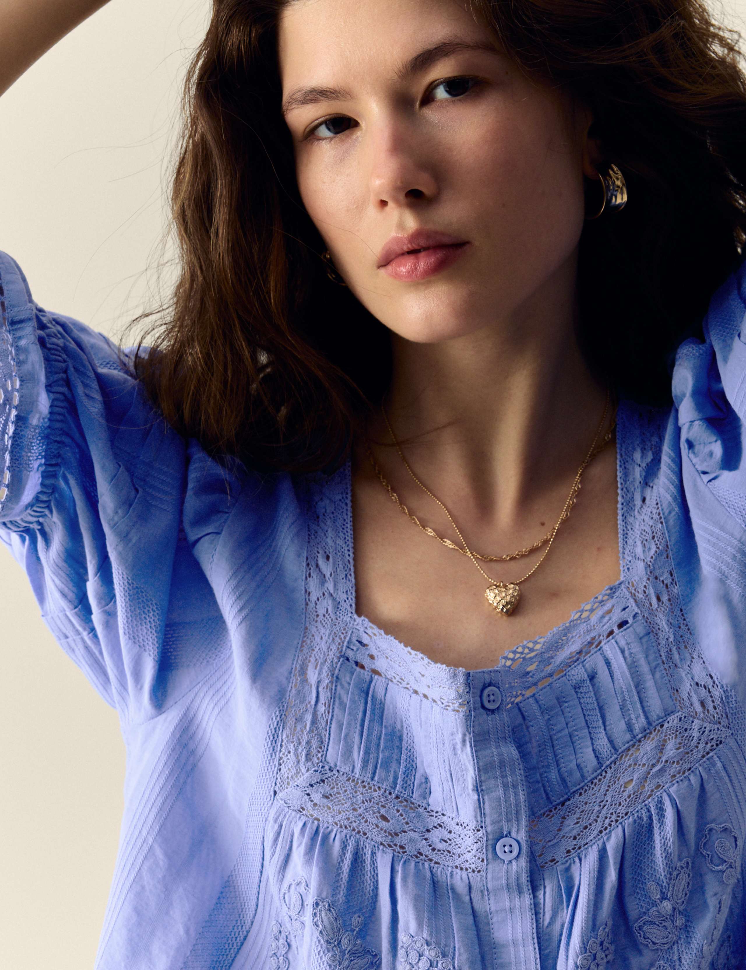 Cotton Rich Square Neck Lace Detail Puff Sleeve Blouse 5 of 5