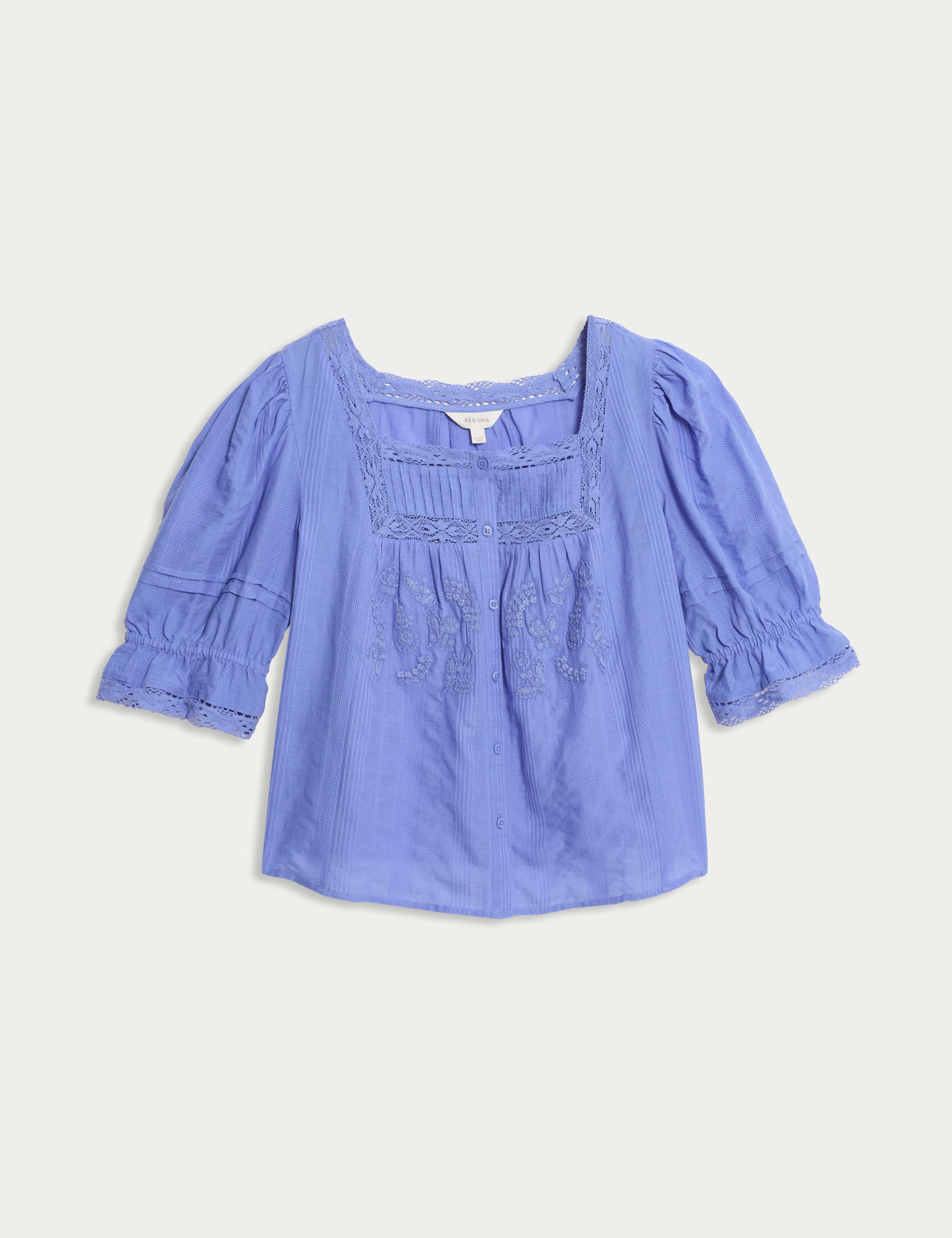 Cotton Rich Square Neck Lace Detail Puff Sleeve Blouse 2 of 5