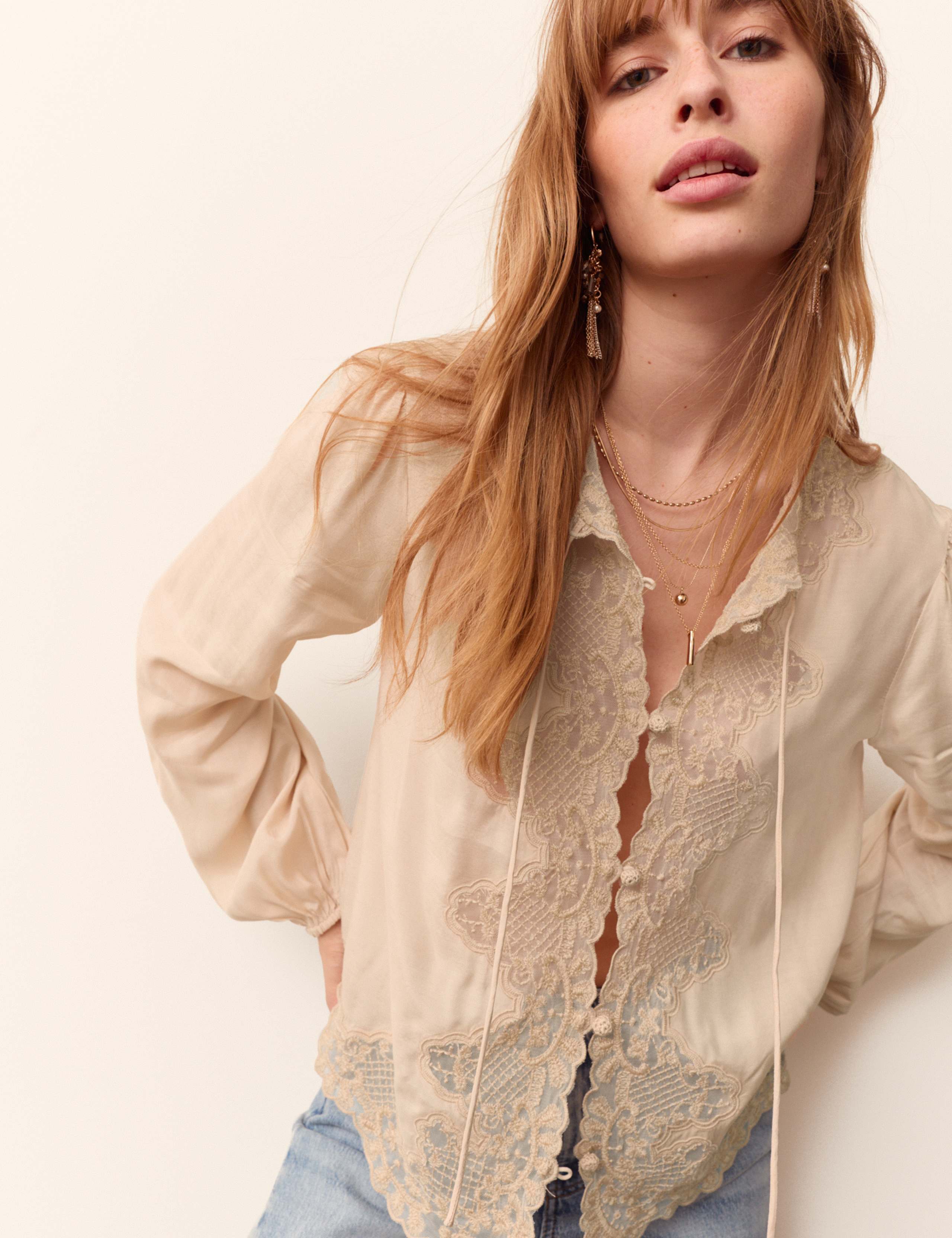 Lace Crew Neck Tie Front Blouse 1 of 6