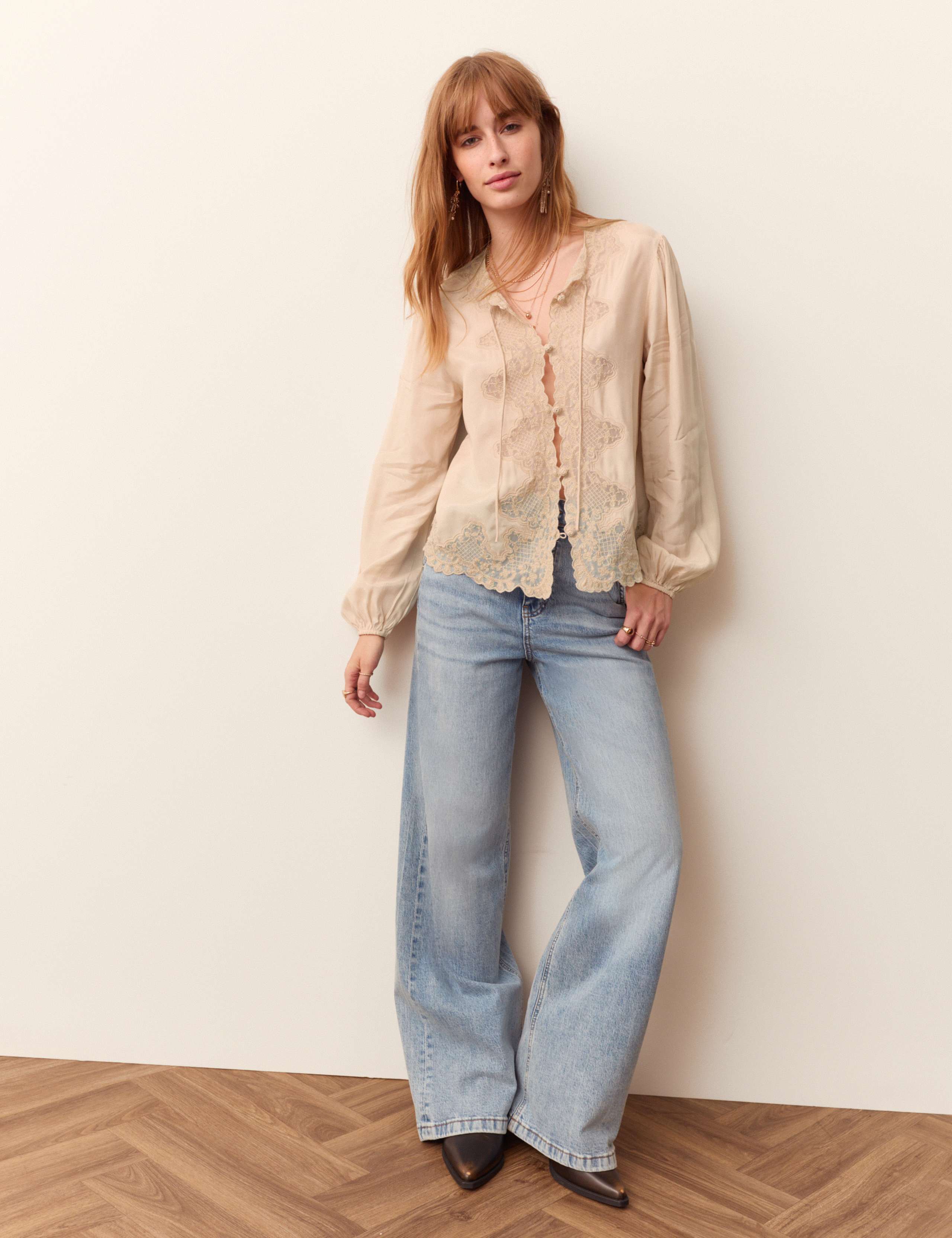 Lace Crew Neck Tie Front Blouse 3 of 6