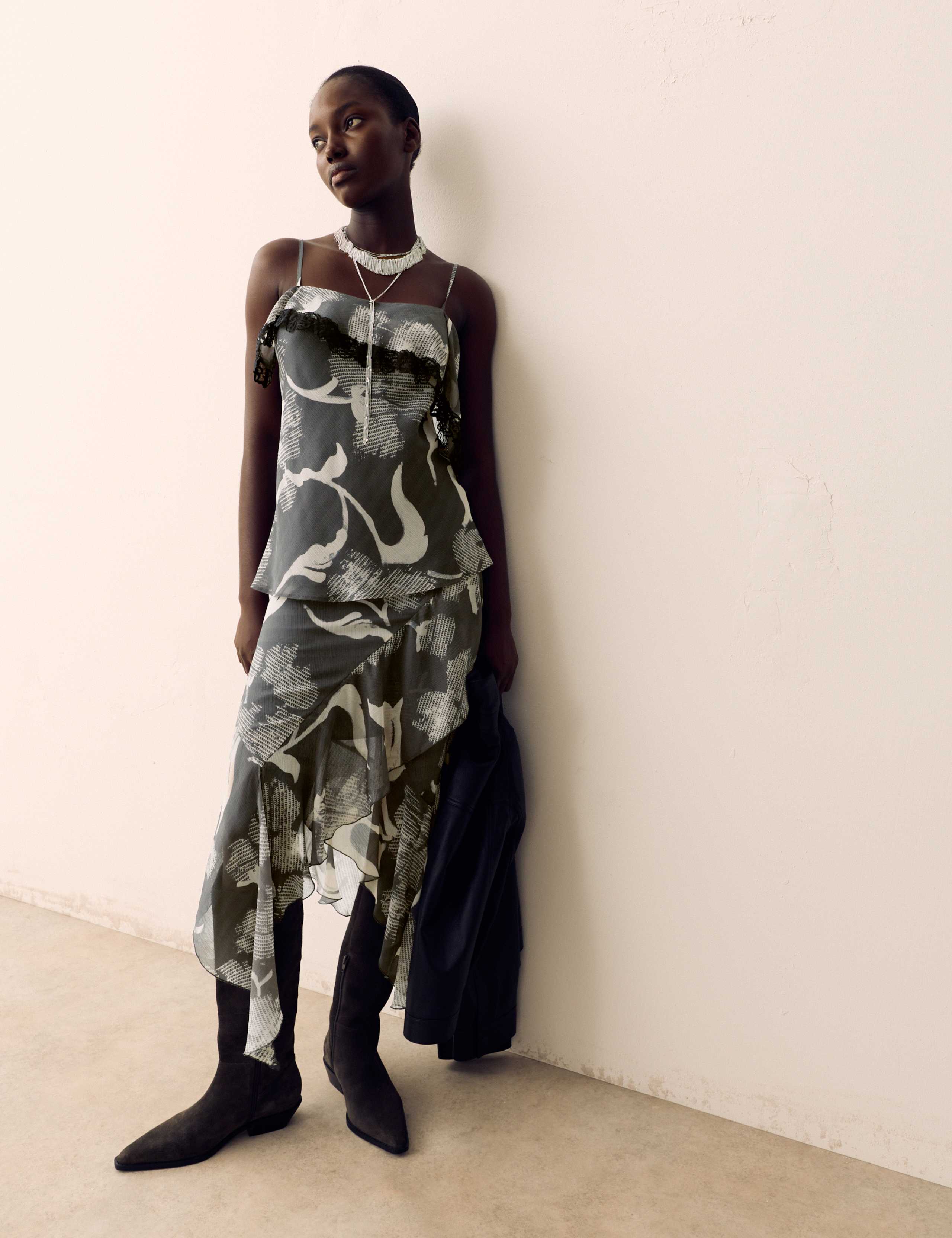 Printed Lace Trim Ruffle Cami Top 1 of 6