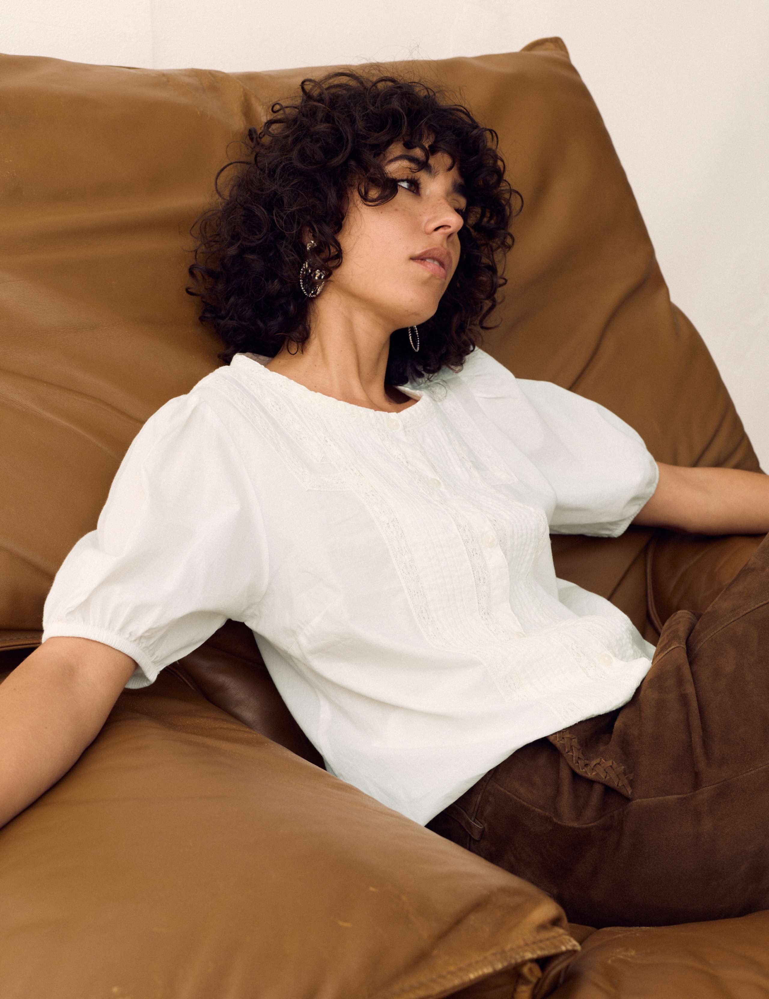 Pure Cotton Lace Insert Pintuck Blouse 1 of 7