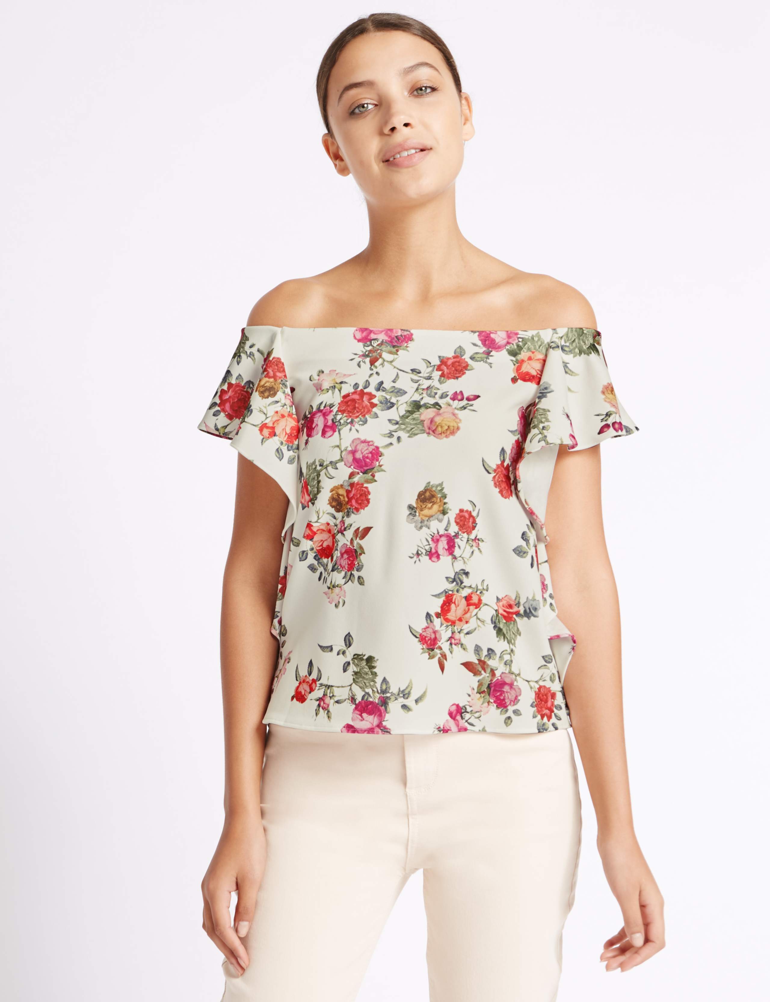 Floral Print Ruffle Short Sleeve Bardot Top 1 of 4