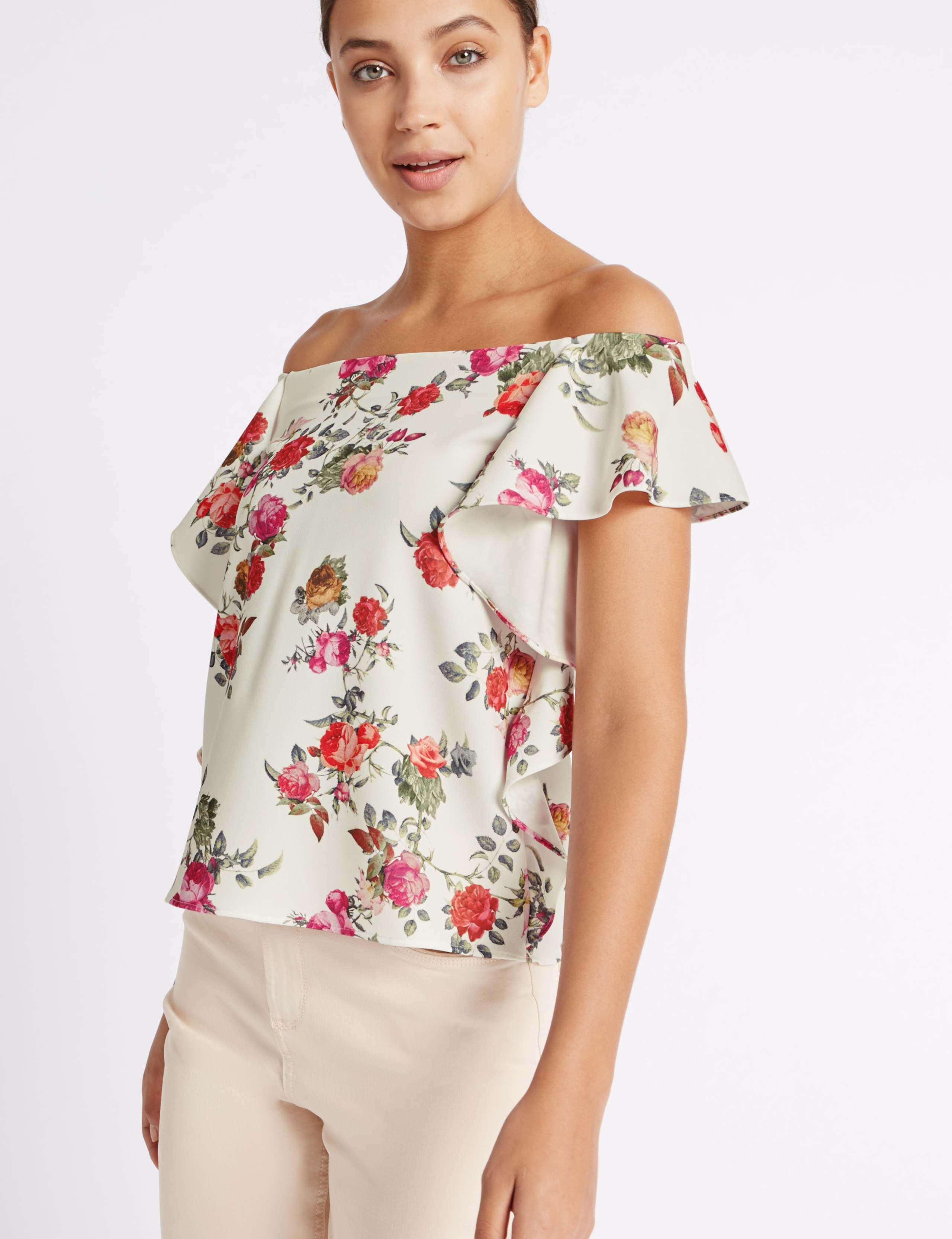 Floral Print Ruffle Short Sleeve Bardot Top 3 of 4
