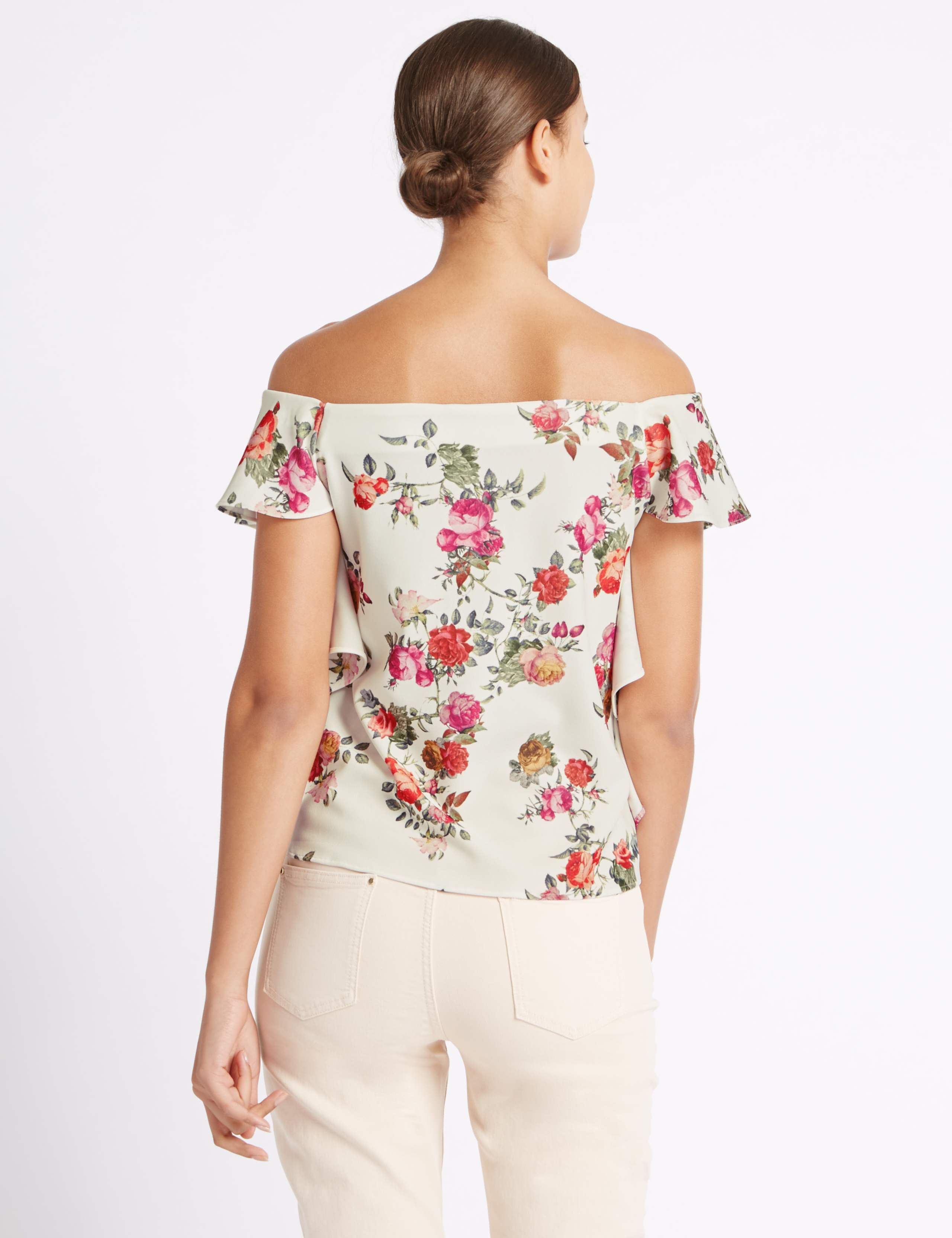 Floral Print Ruffle Short Sleeve Bardot Top 4 of 4