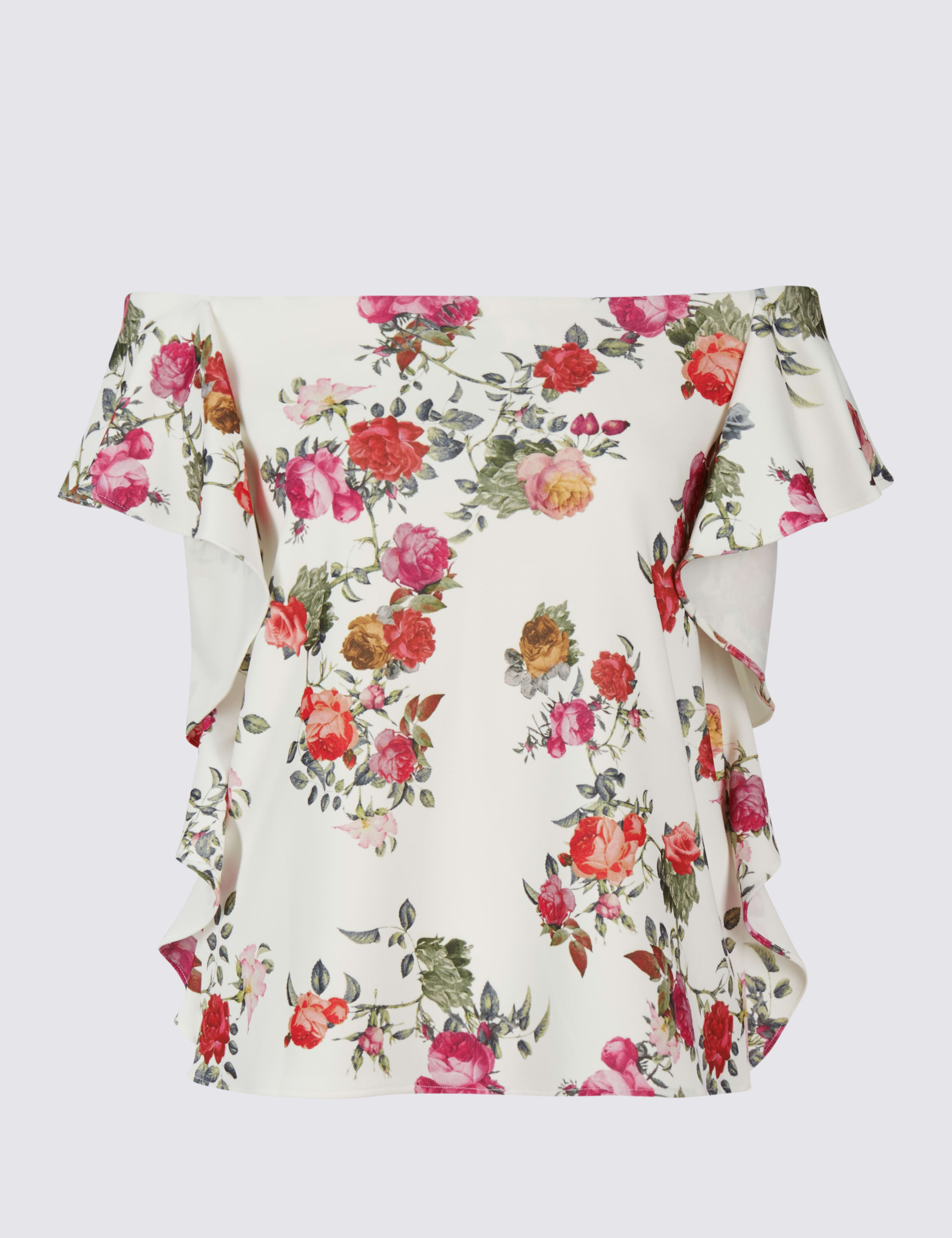 Floral Print Ruffle Short Sleeve Bardot Top 2 of 4