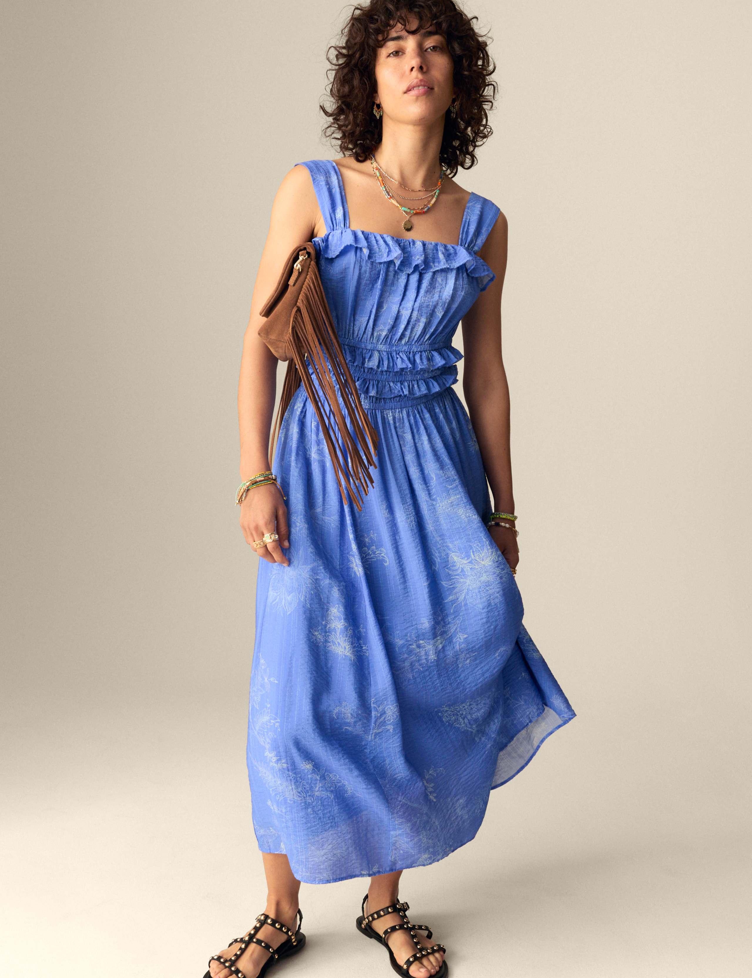 Printed Square Neck Ruffle Midi Shirred Dress 6 of 6