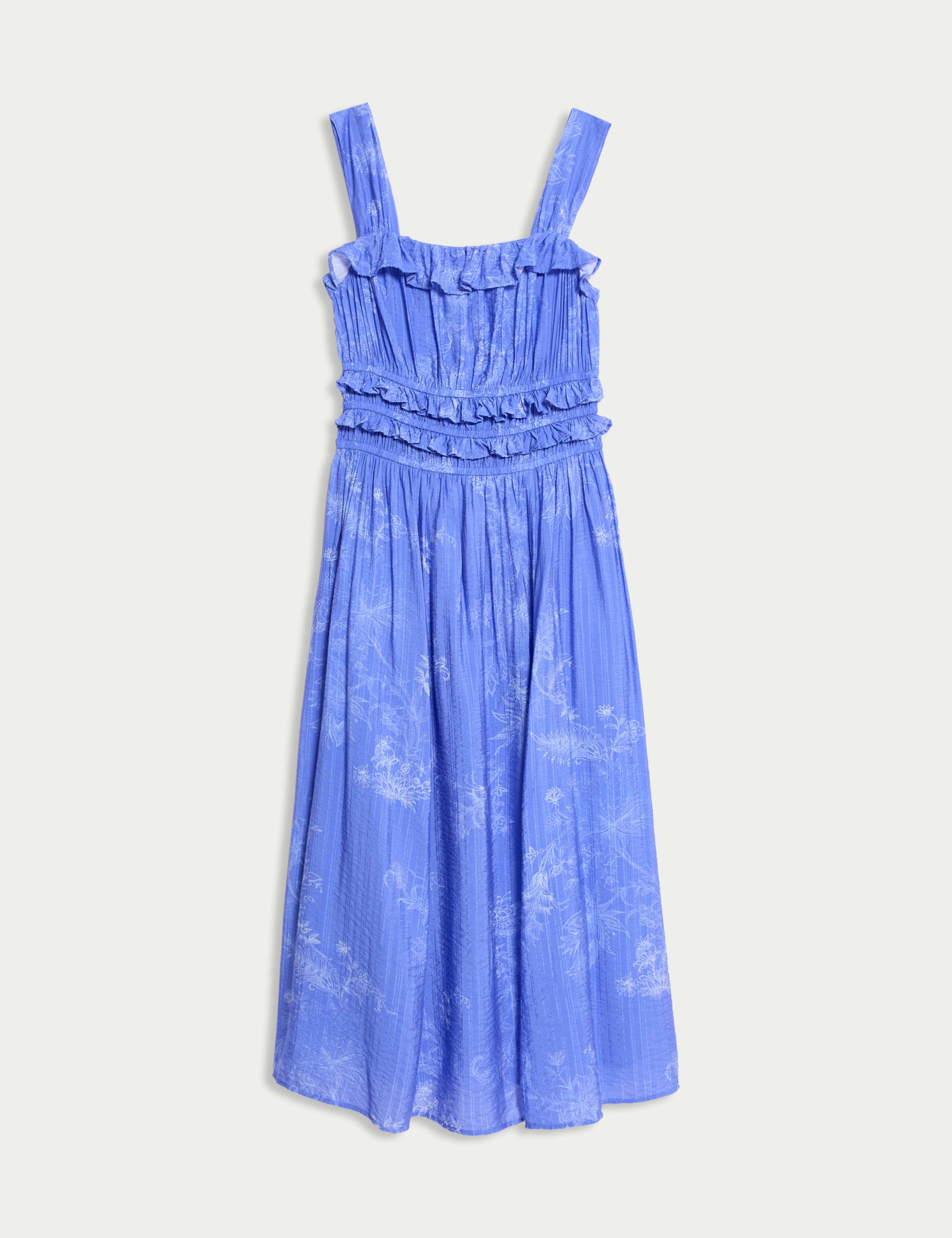 Printed Square Neck Ruffle Midi Shirred Dress 2 of 6