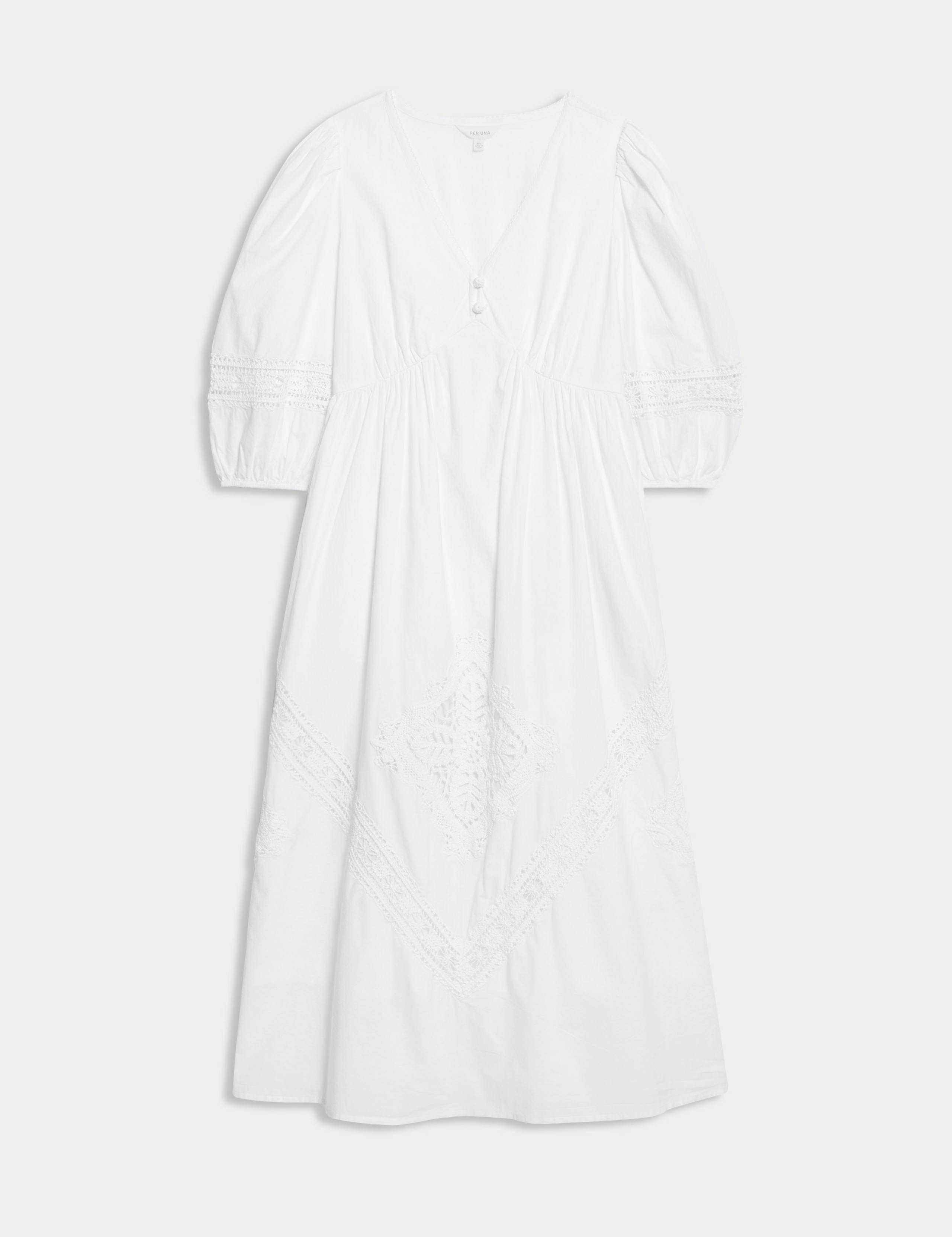 Pure Cotton V-Neck Crochet Detail Midaxi Waisted Dress 2 of 6