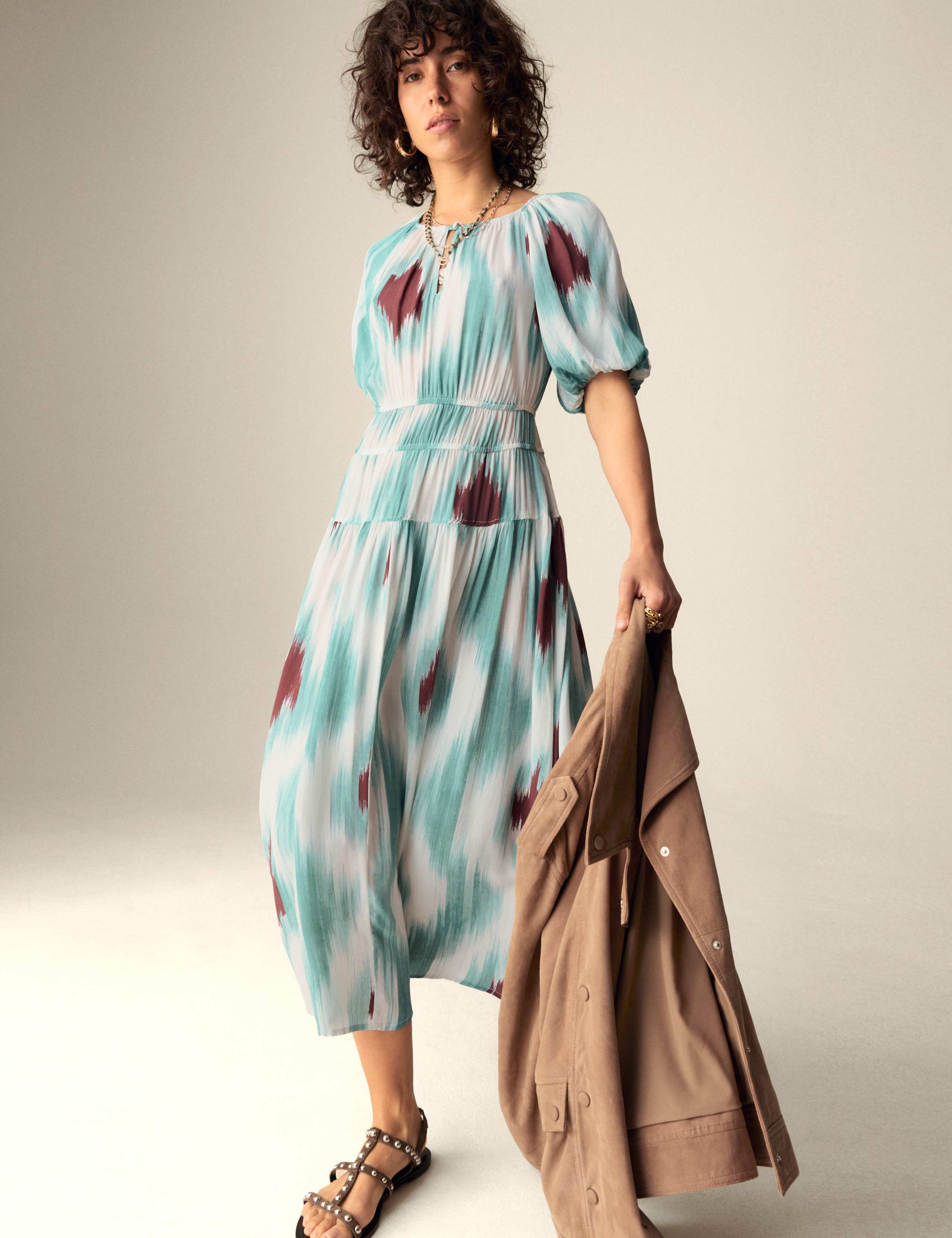 Printed Notch Neck Puff Sleeve Midaxi Waisted Dress 3 of 6