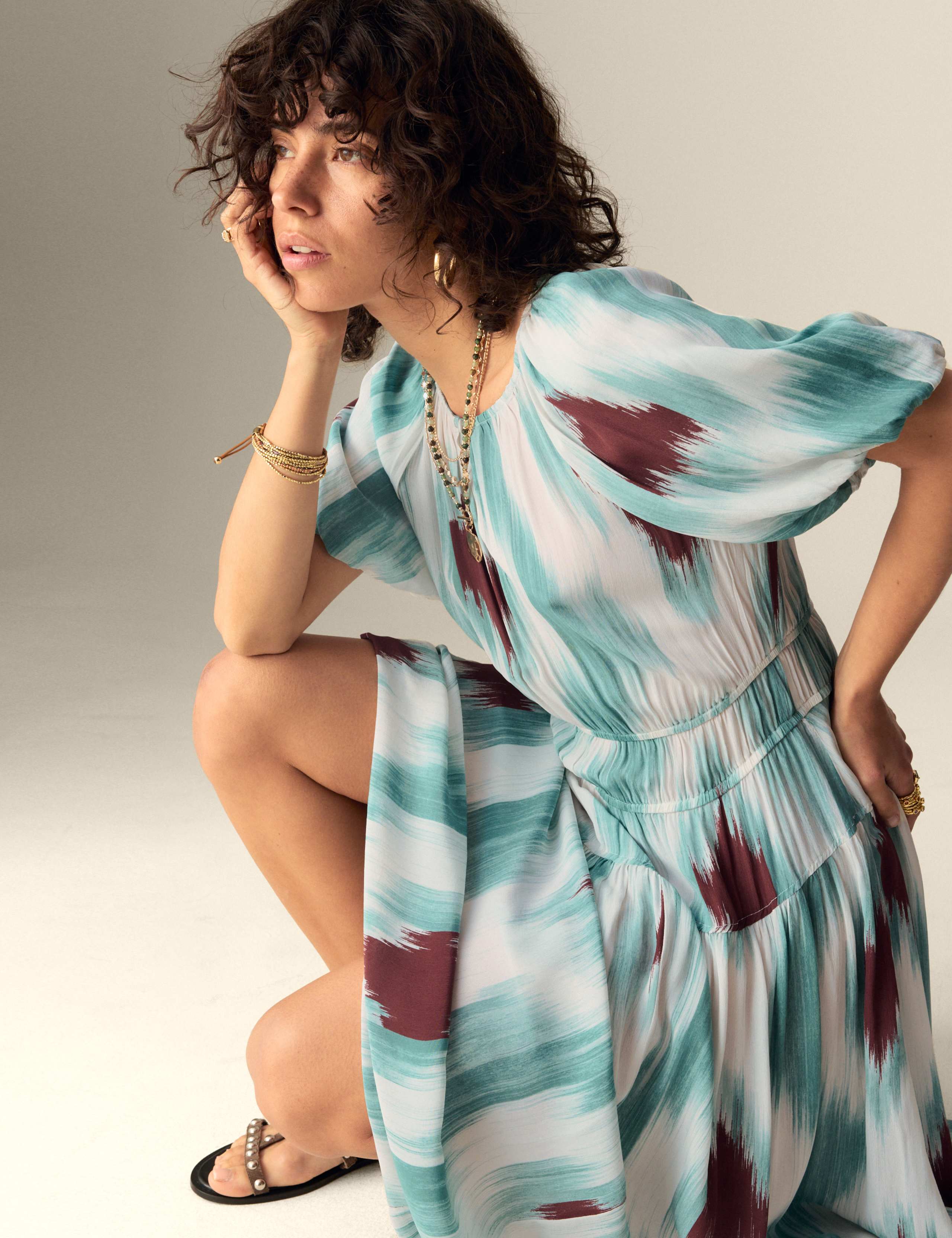 Printed Notch Neck Puff Sleeve Midaxi Waisted Dress 4 of 6