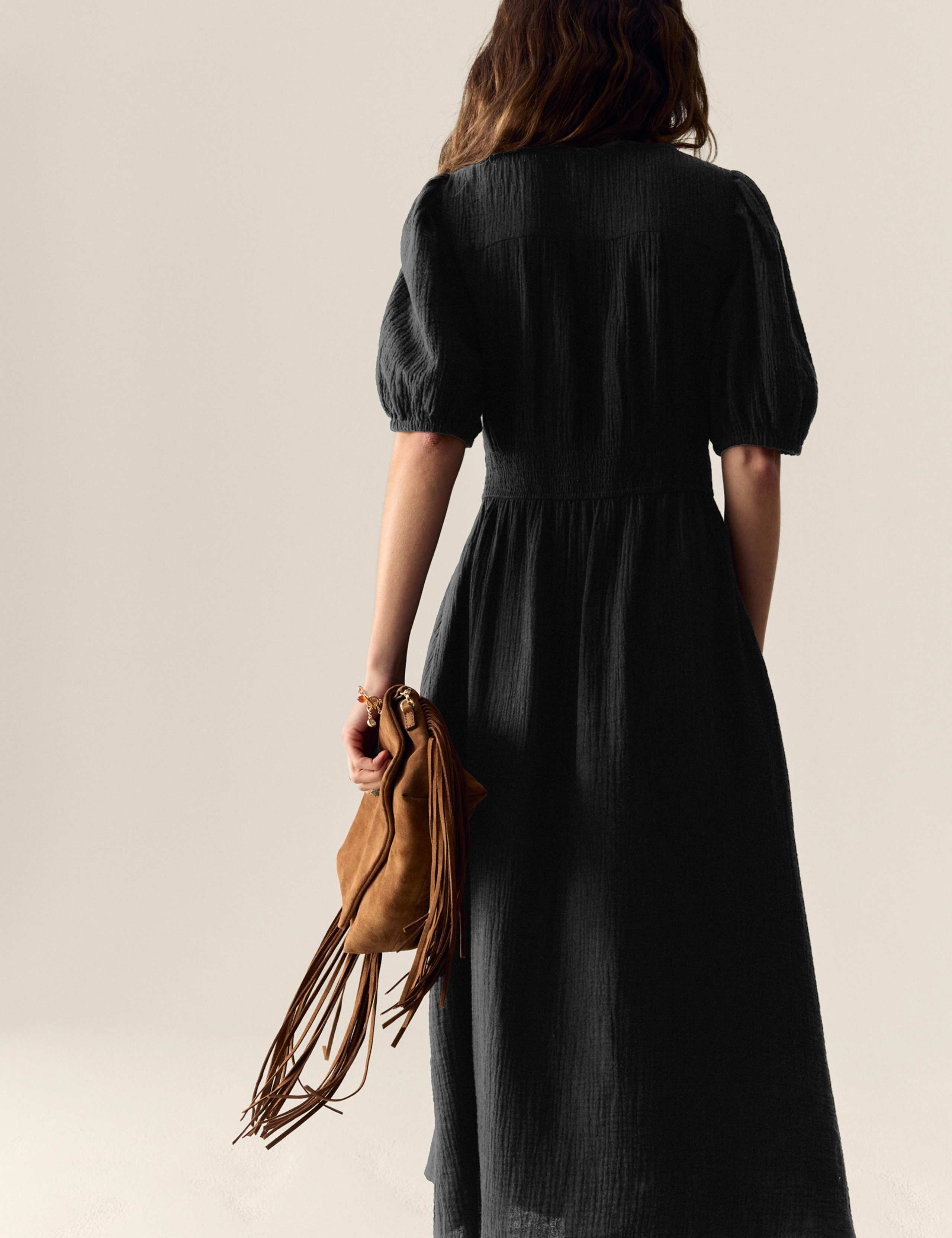 Pure Cotton V-Neck Button Through Midi Waisted Dress 3 of 5