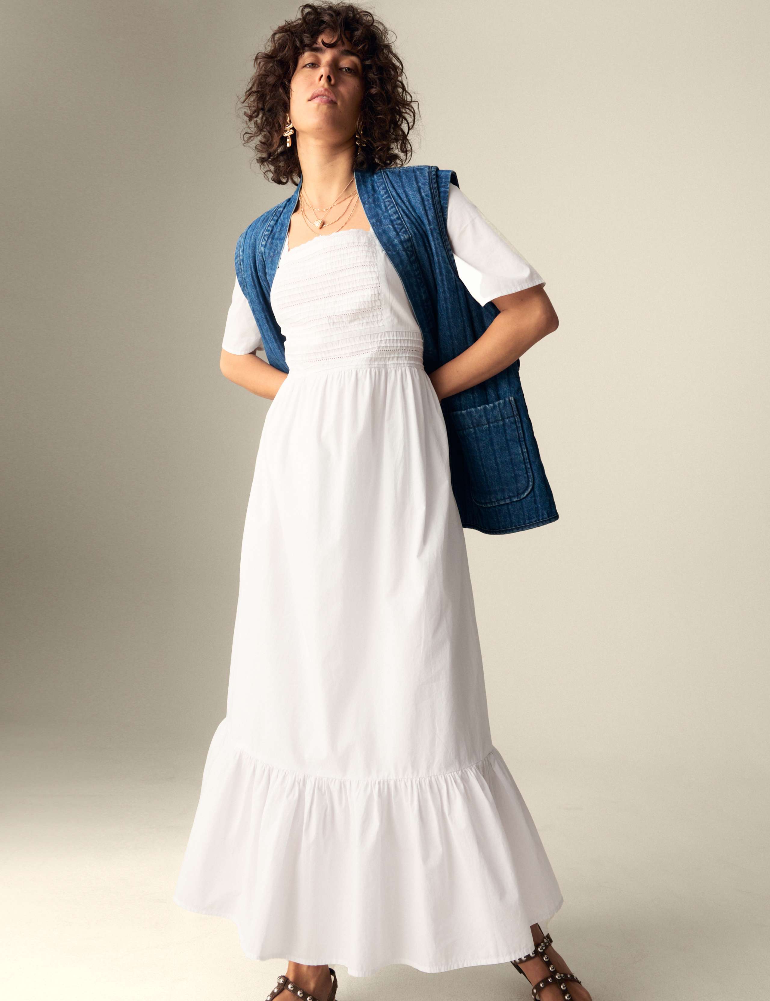 Pure Cotton Square Neck Crochet Detail Midaxi Tiered Dress 1 of 5