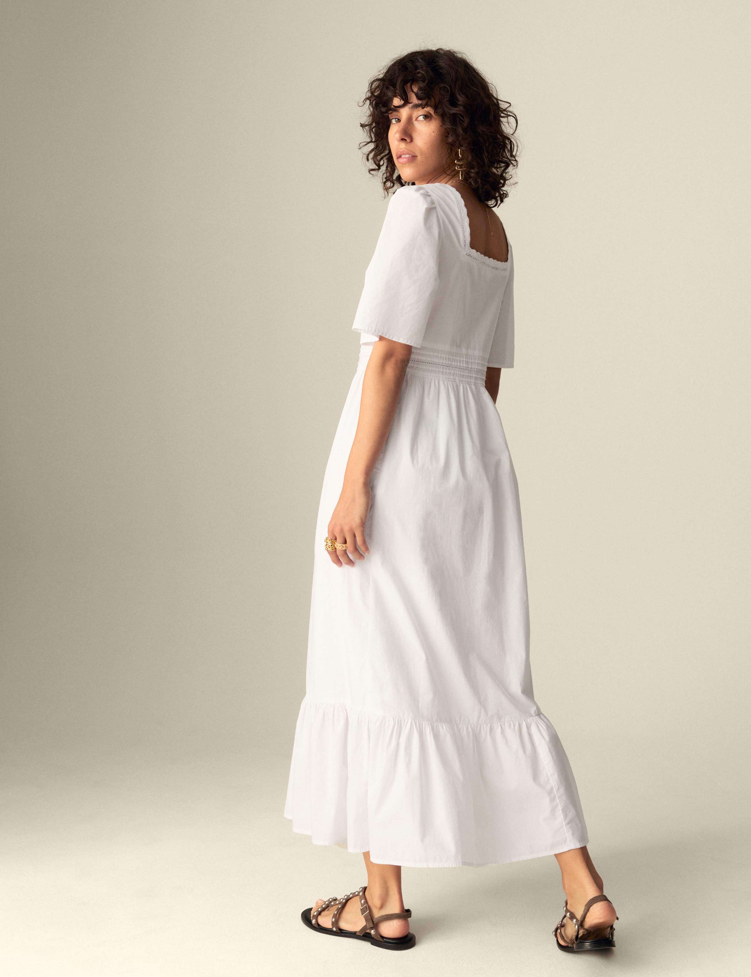 Pure Cotton Square Neck Crochet Detail Midaxi Tiered Dress 4 of 5