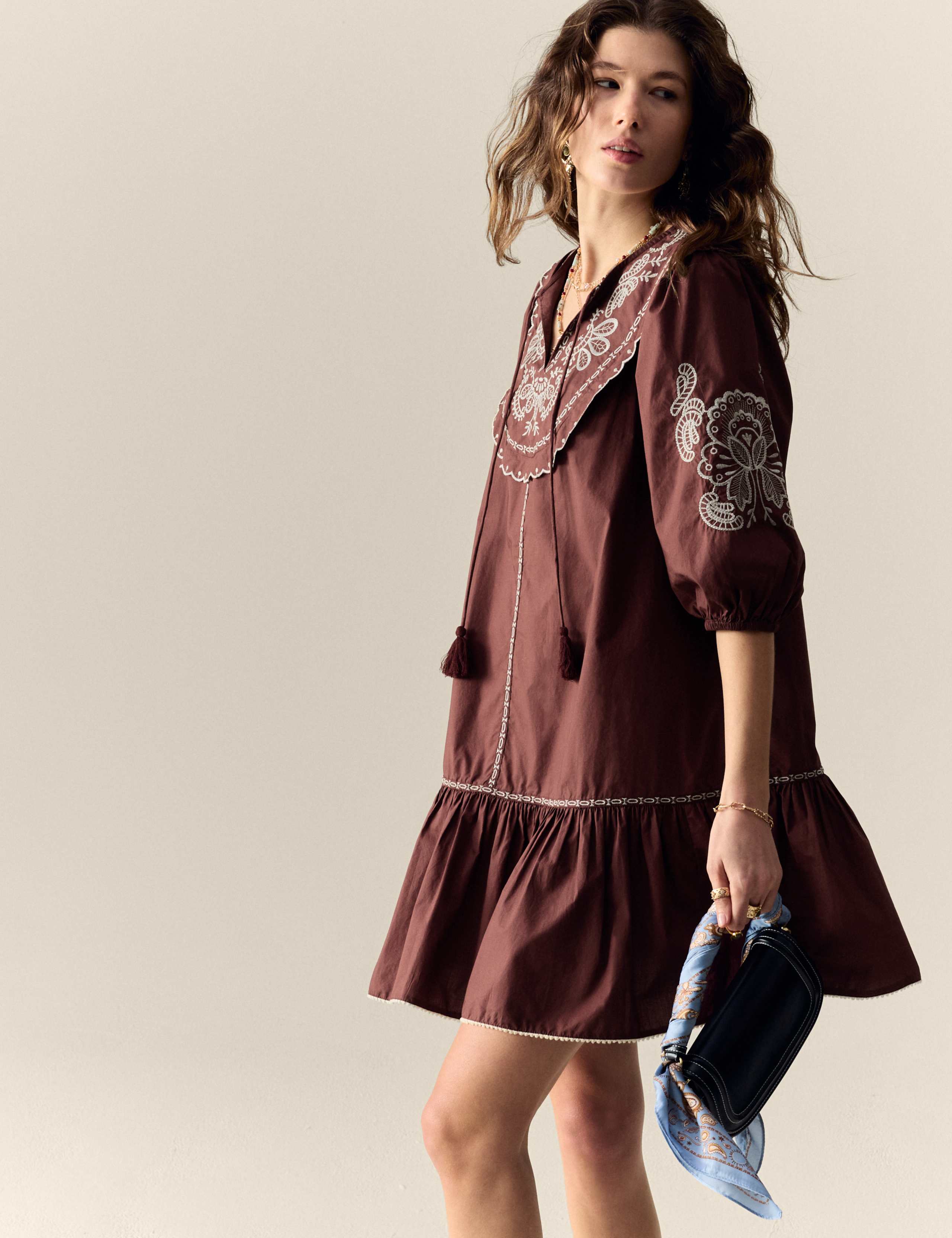 Pure Cotton Embroidered Tie Neck Puff Sleeve Mini Tiered Dress 4 of 5