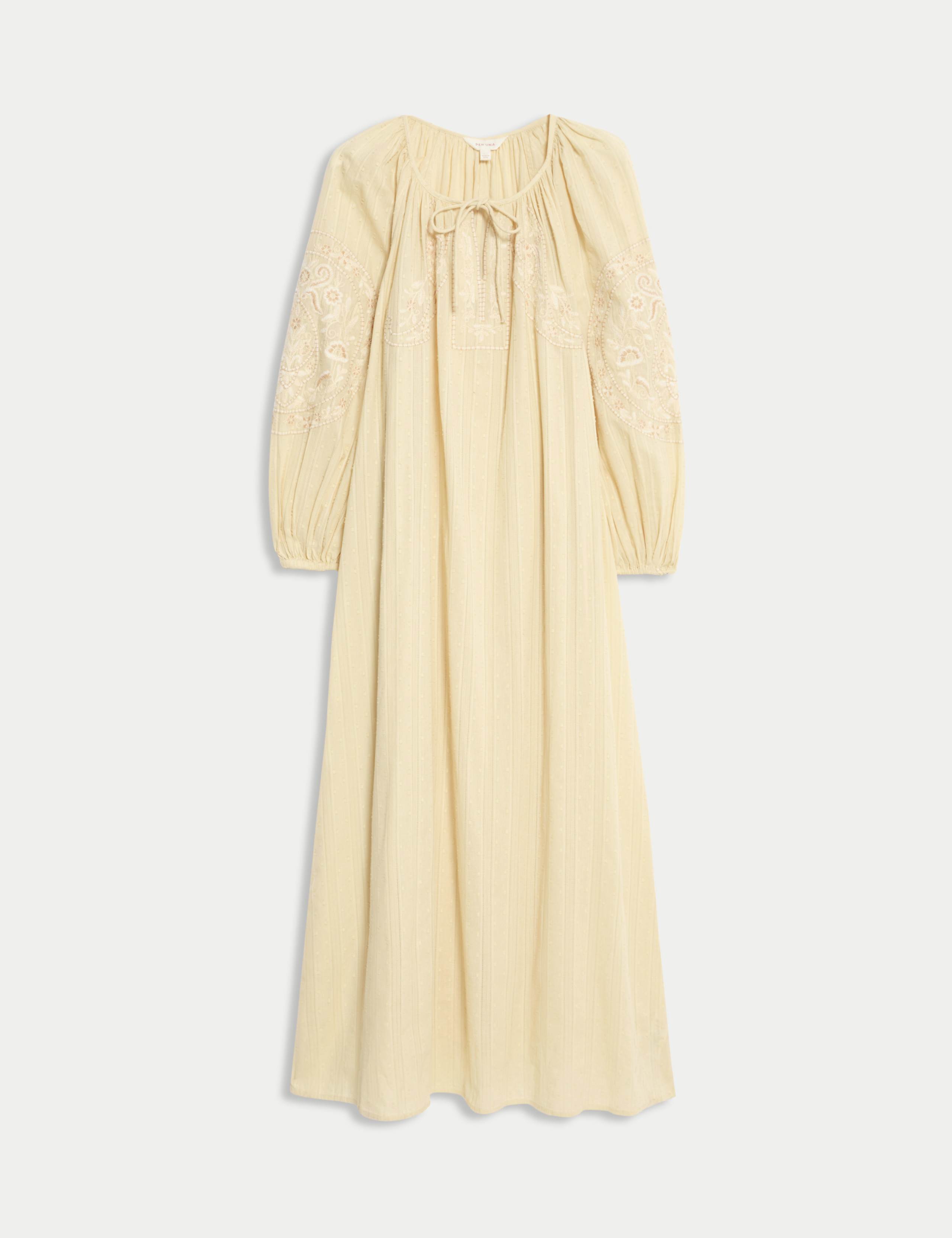 Pure Cotton Embroidered Tie Neck Midi Dress 2 of 7