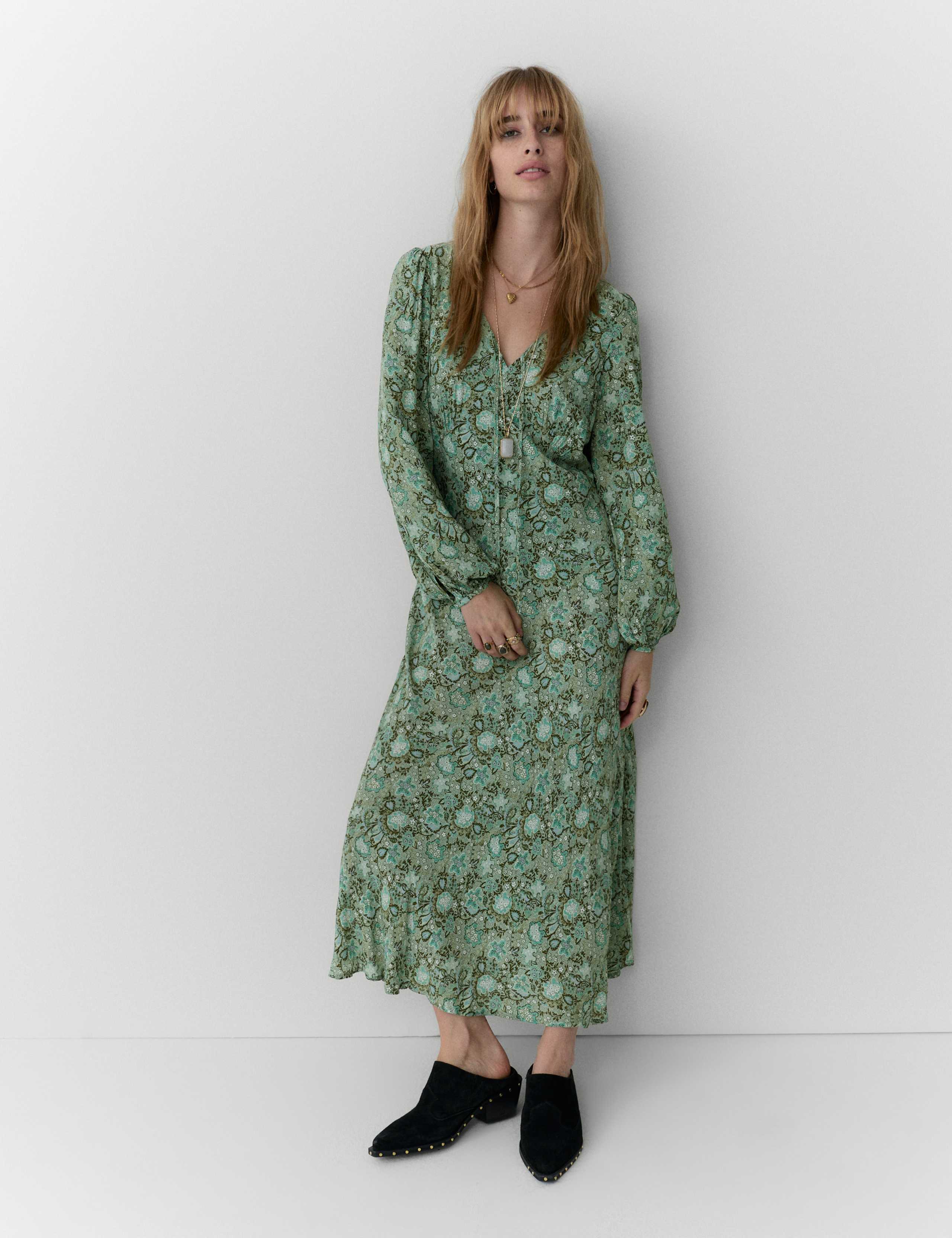 Printed V-Neck Tie Front Midi Dress 3 of 6