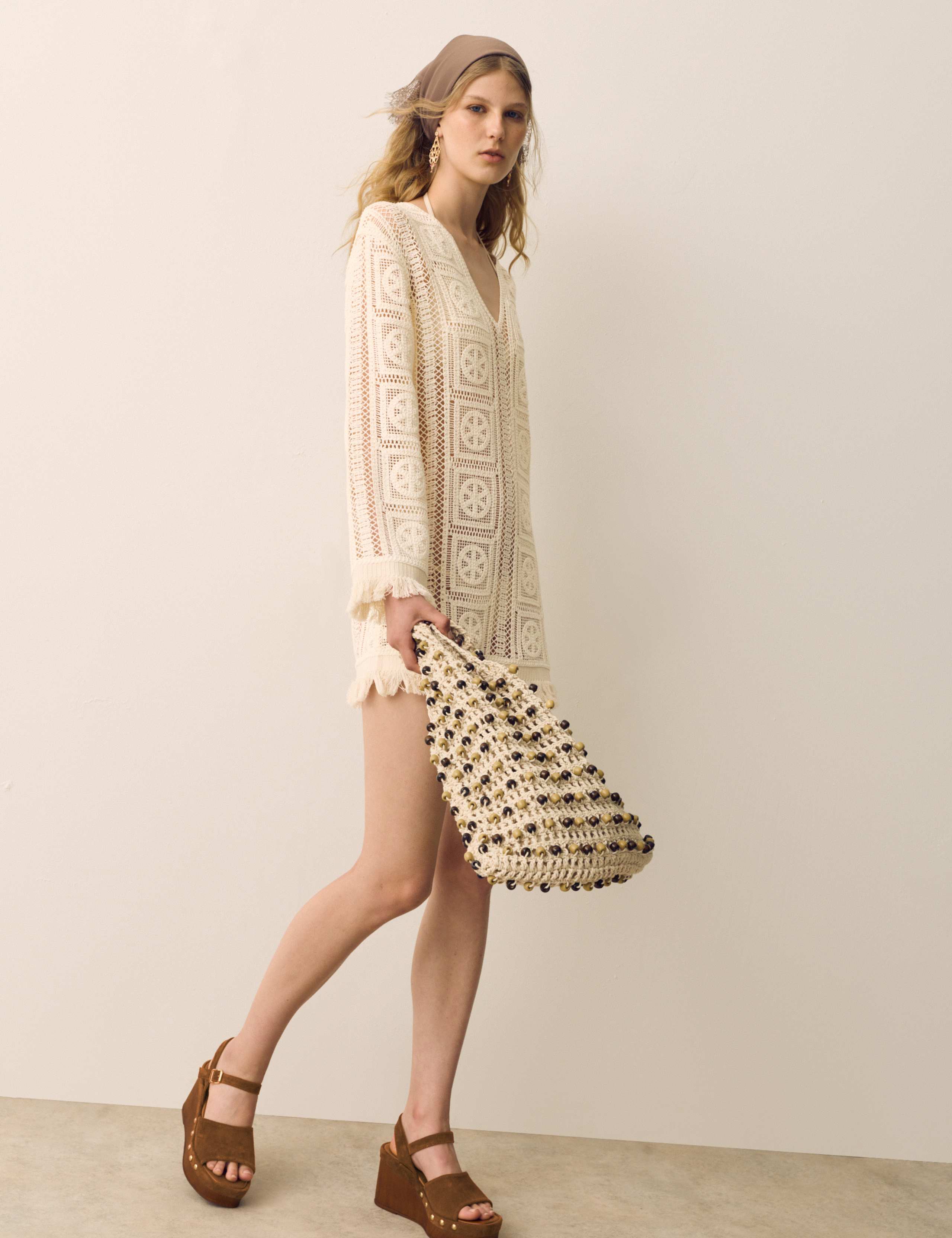 Knitted Crochet Look V-Neck Tasselled Mini Dress 1 of 7