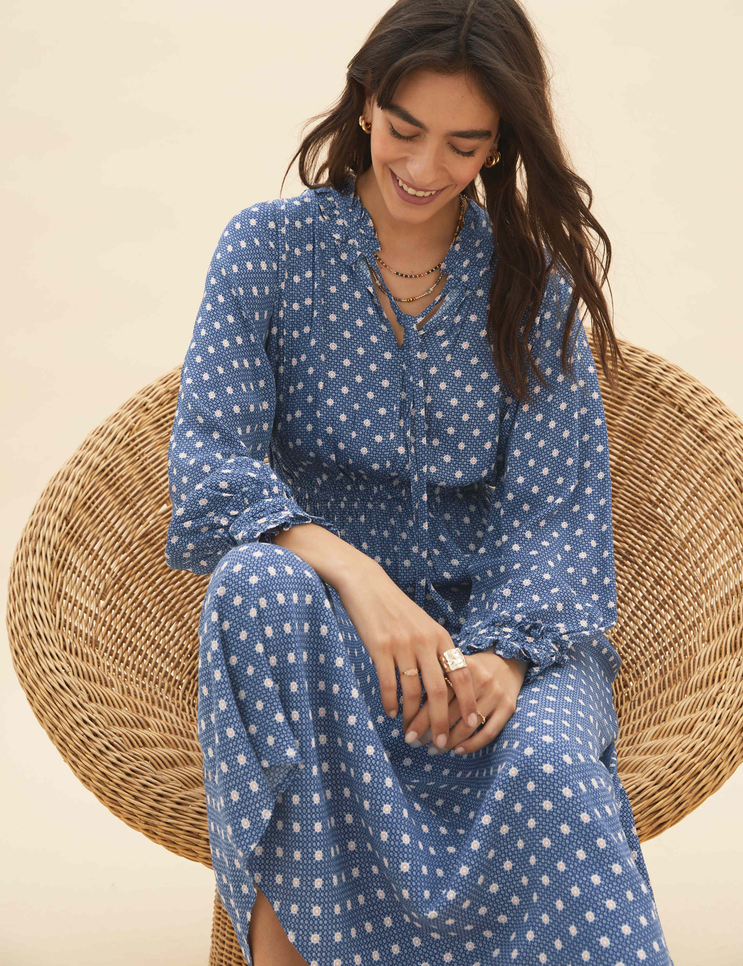 Spot Print Tie Neck Midaxi Waisted Dress 1 of 6