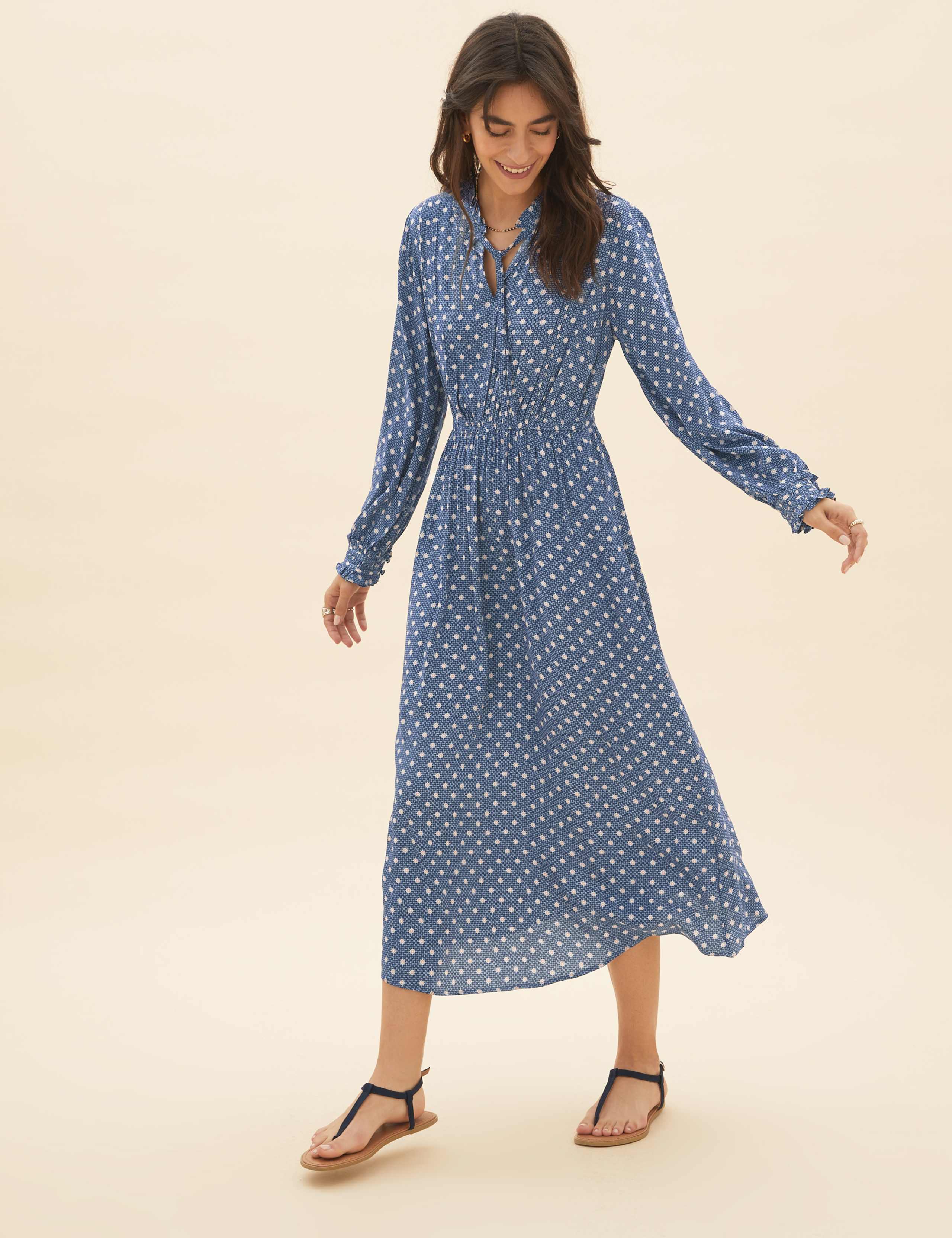 Spot Print Tie Neck Midaxi Waisted Dress 3 of 6