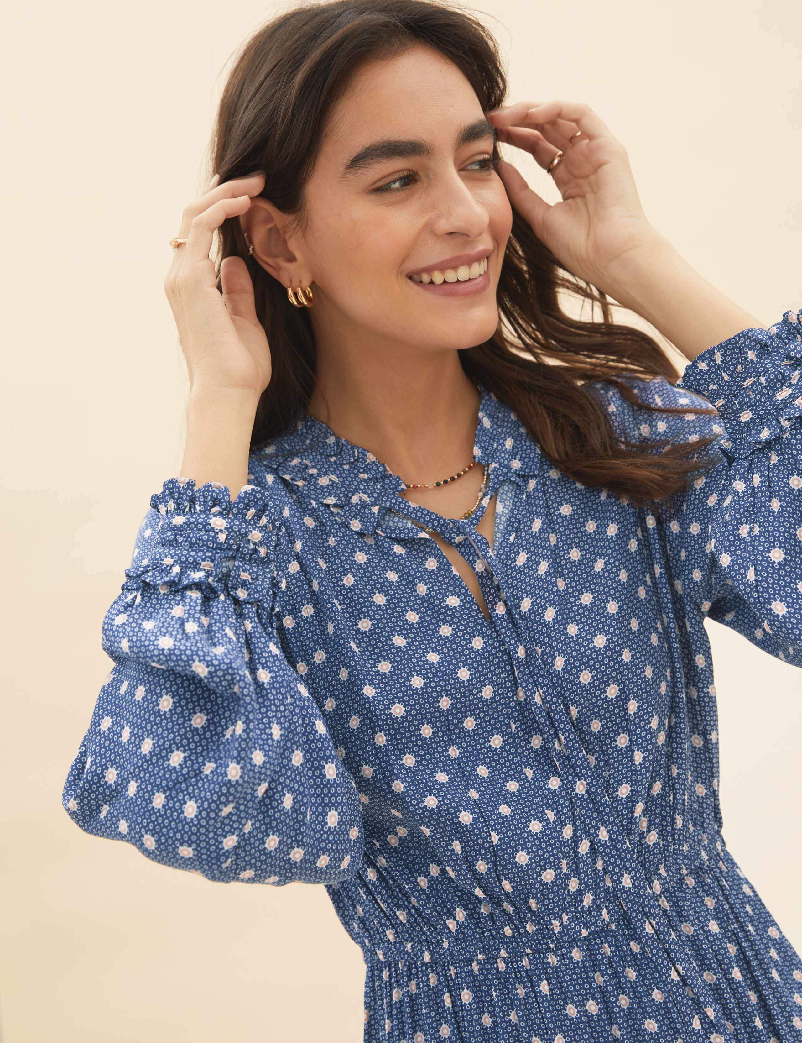 Spot Print Tie Neck Midaxi Waisted Dress 4 of 6