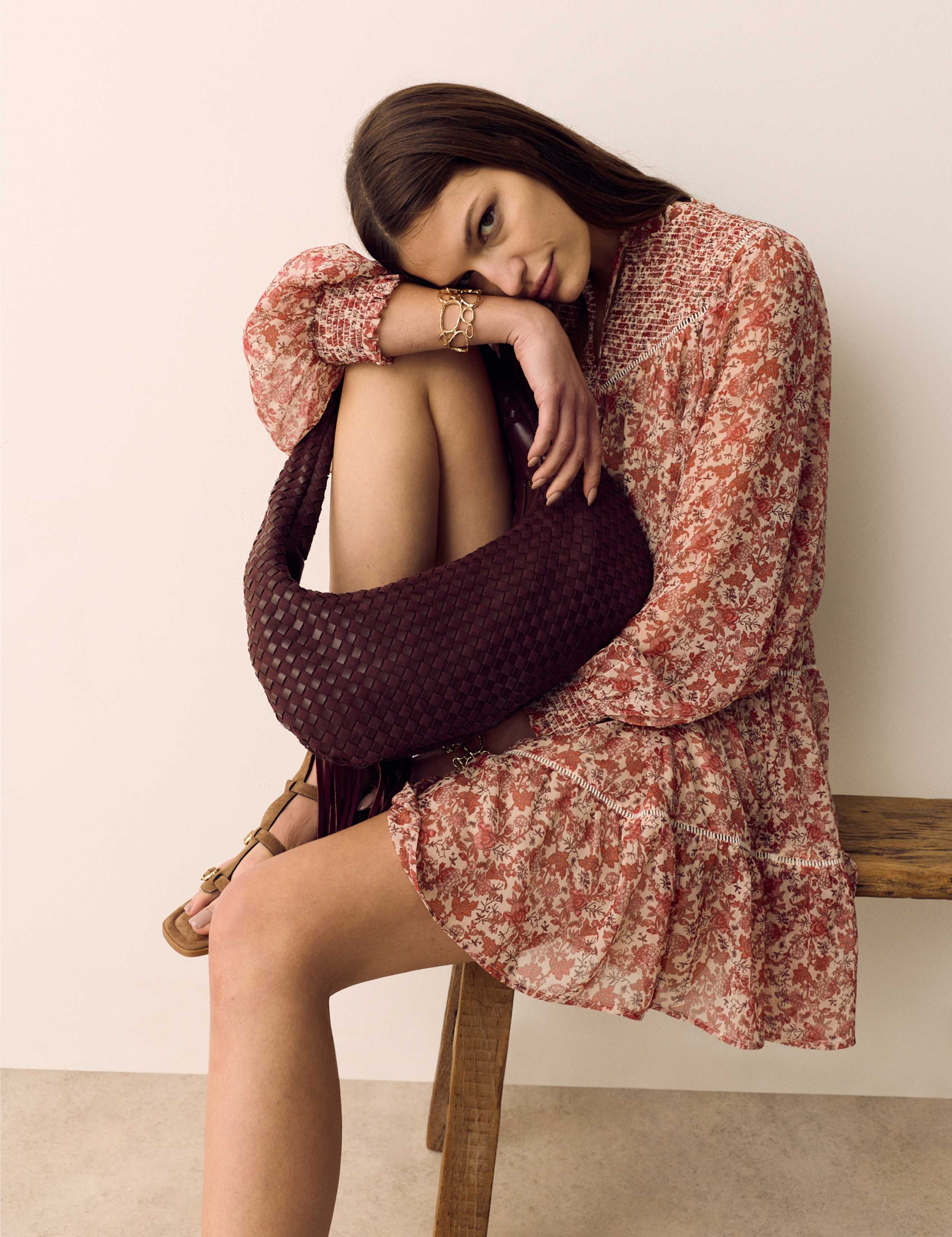 Printed Ladder Lace Insert Mini Smock Dress 7 of 8