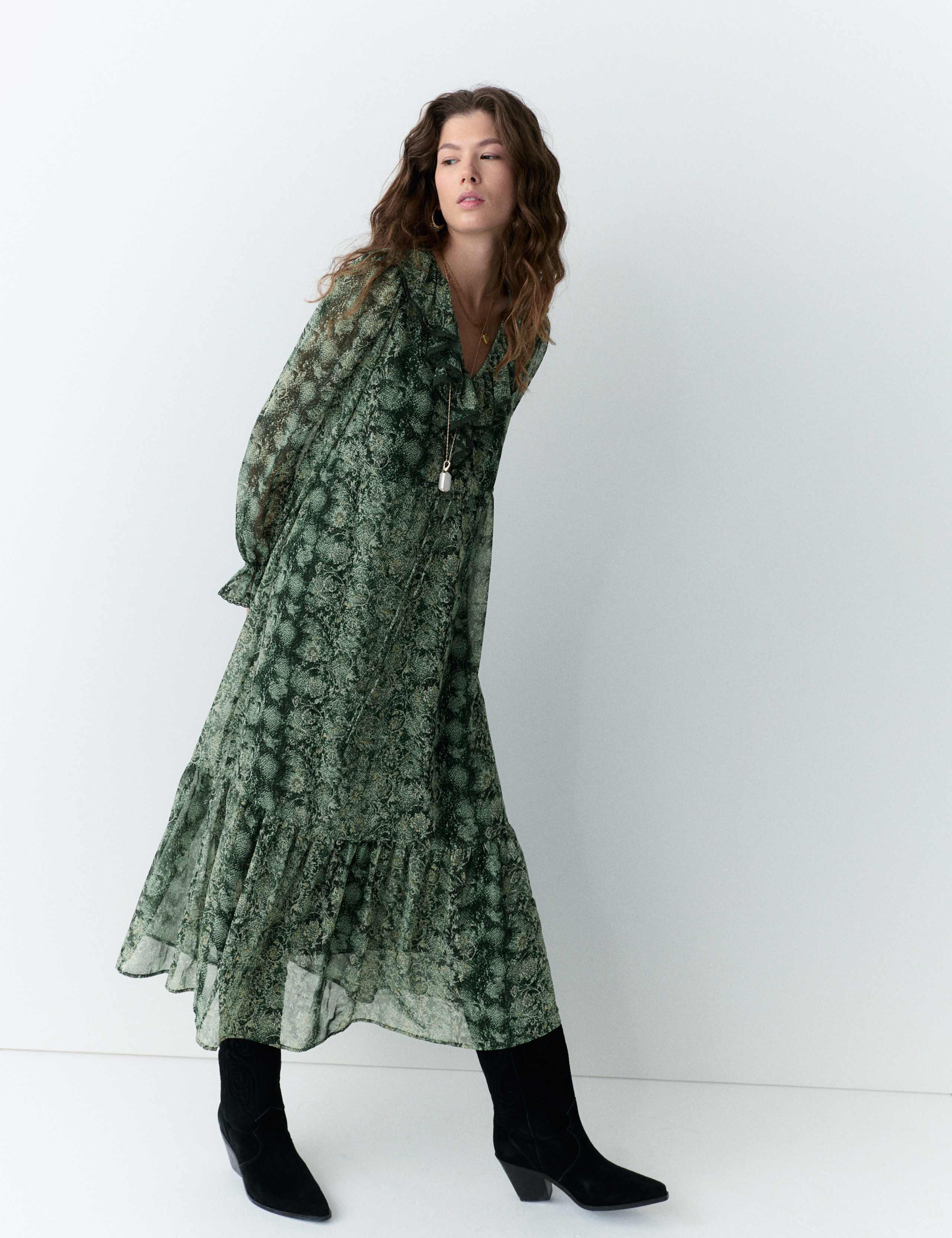 Snake Print V-Neck Frill Detail Midi Dress 6 of 6