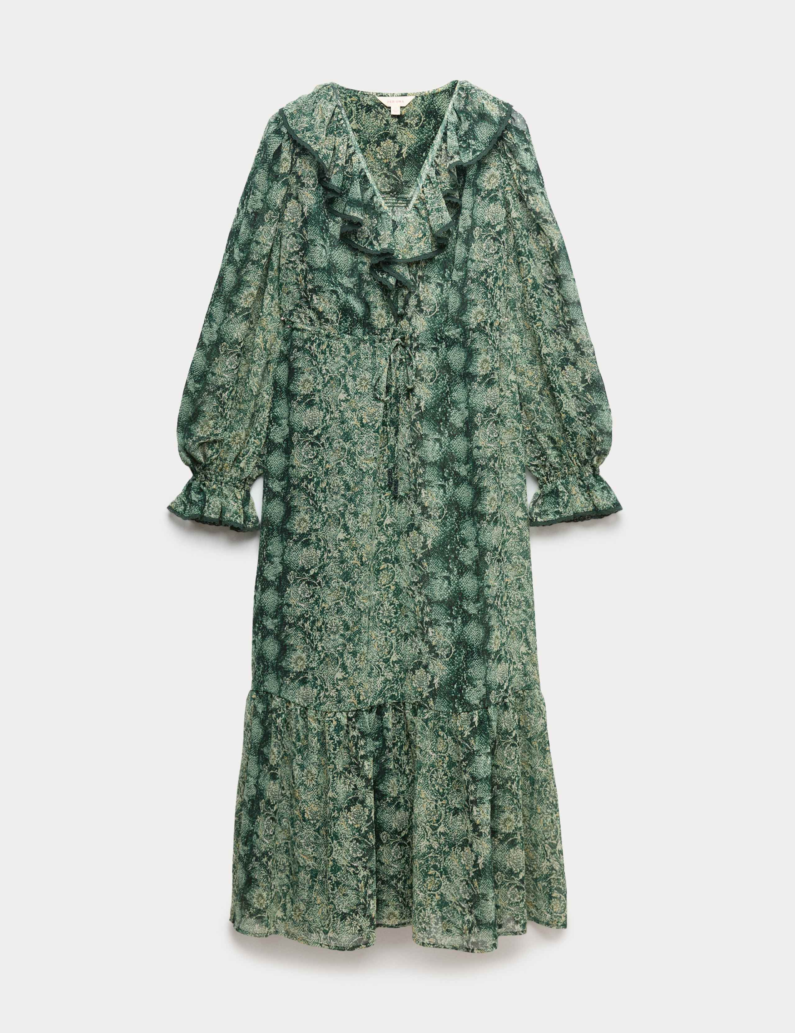 Snake Print V-Neck Frill Detail Midi Dress 2 of 6