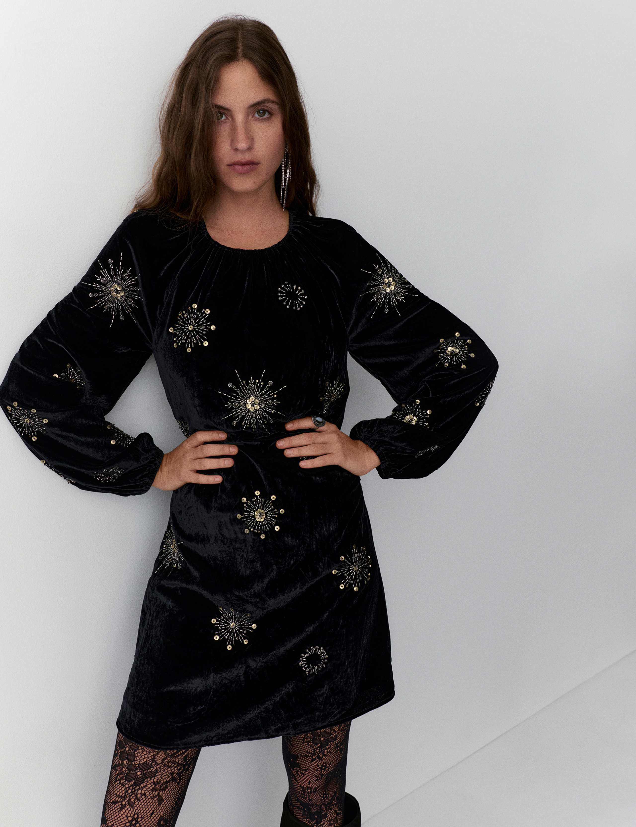 Velvet Embellished Mini Swing Dress 3 of 6