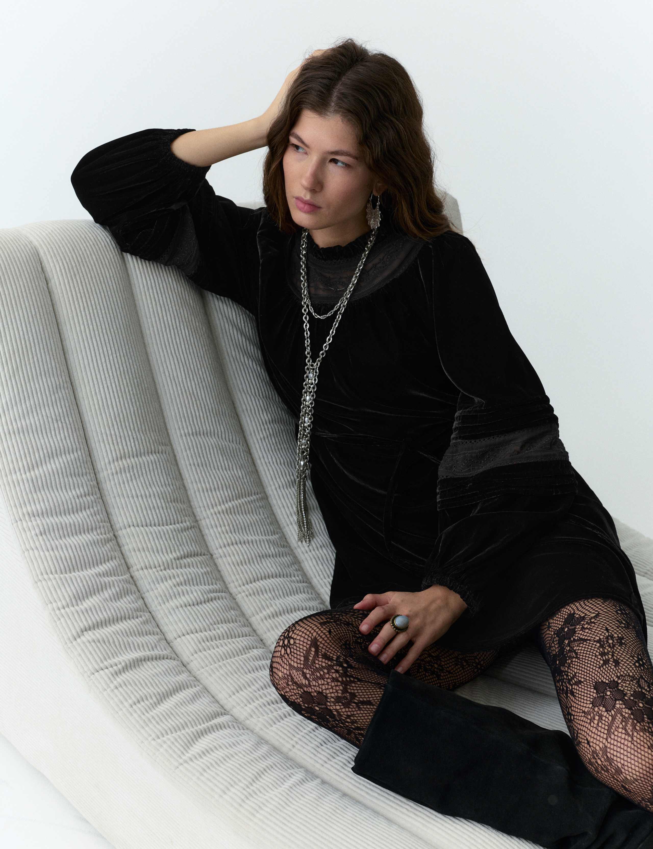 Velvet Embroidered Mini Swing Dress 4 of 6