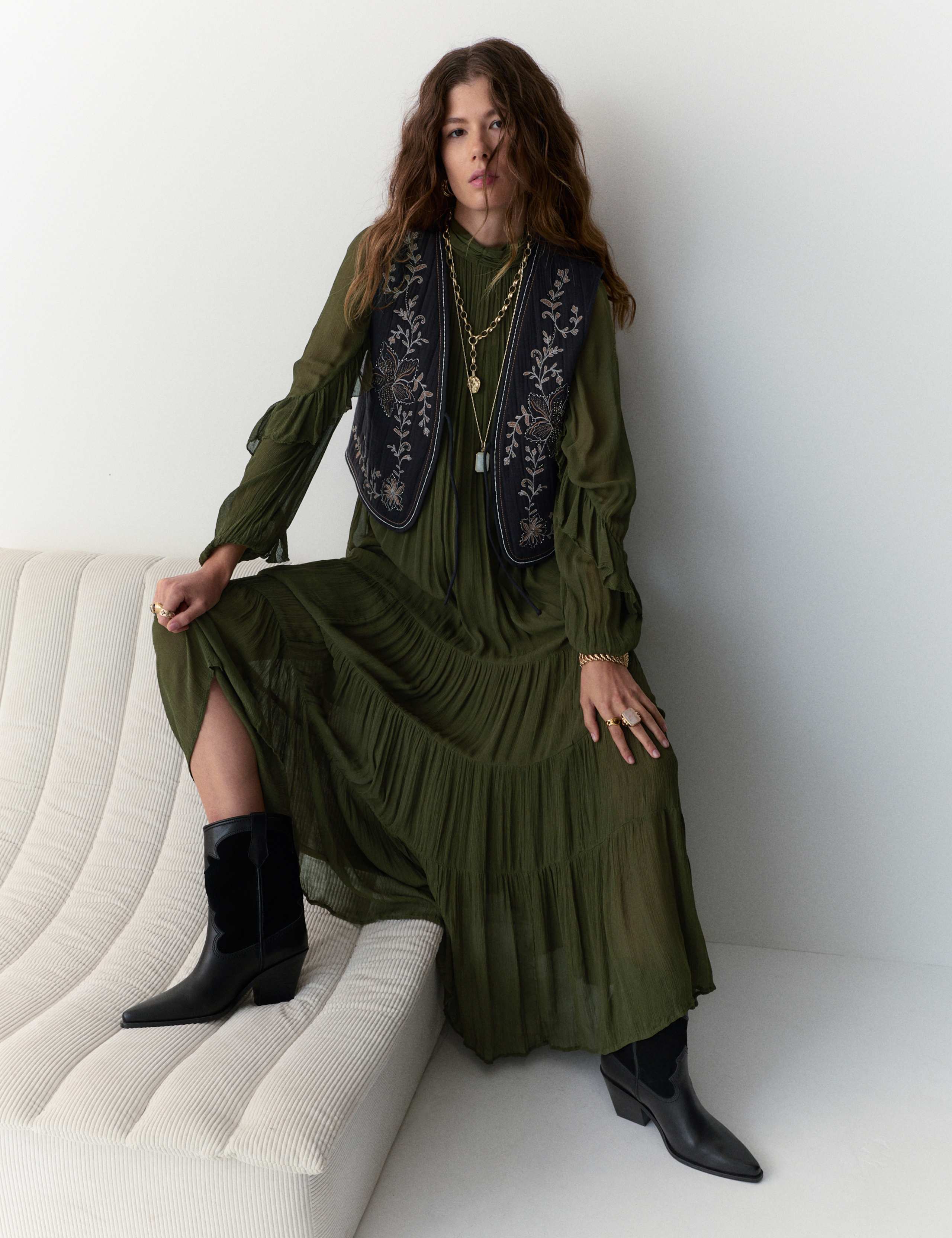 Chiffon High Neck Ruffle Midi Tiered Dress 1 of 6