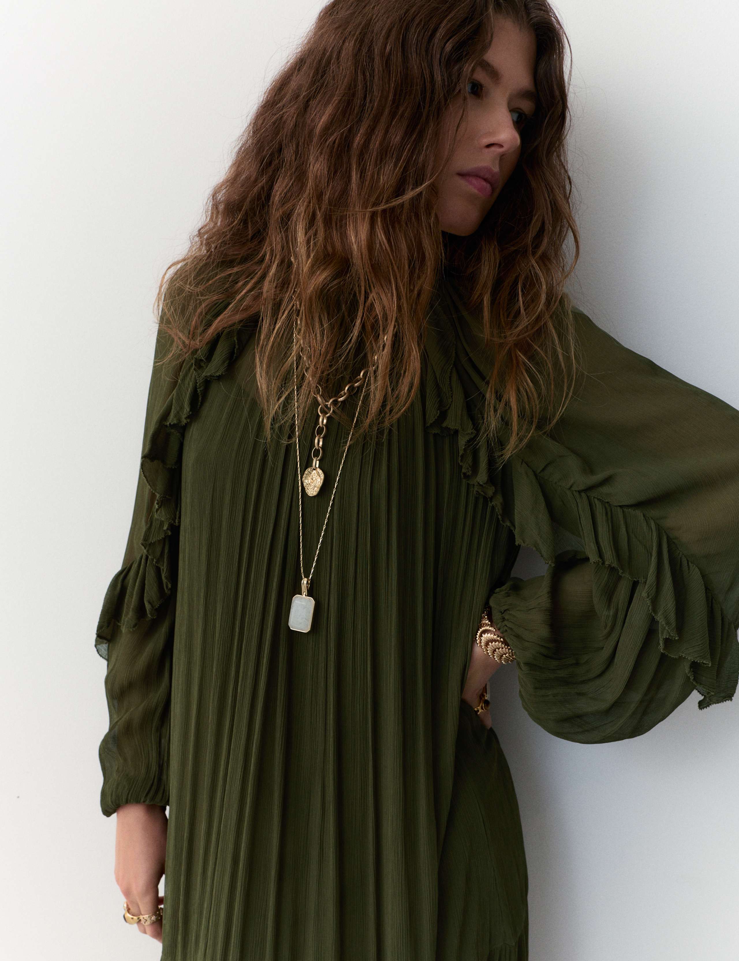 Chiffon High Neck Ruffle Midi Tiered Dress 5 of 6