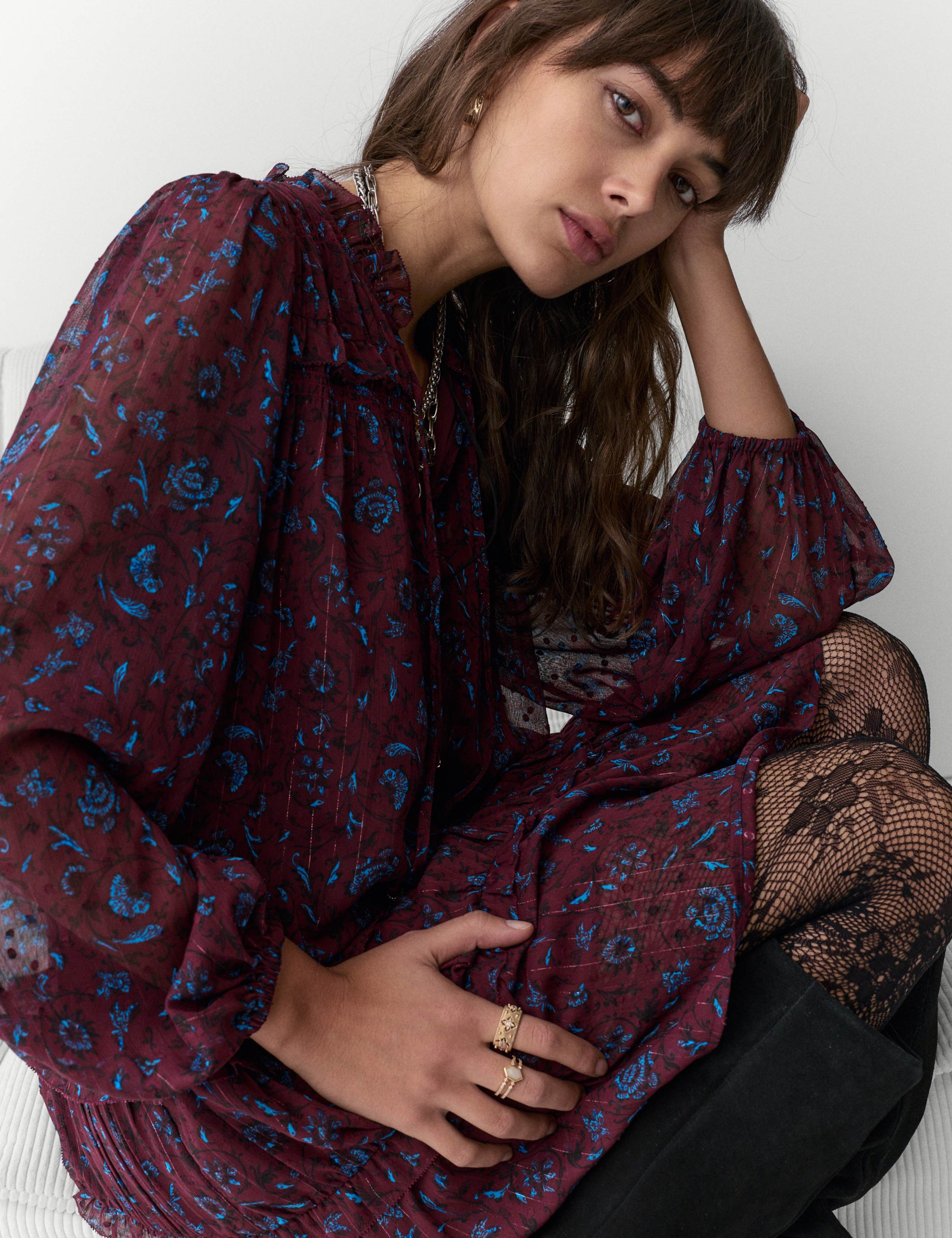 Chiffon Printed Metallic Mini Skater Dress 1 of 5