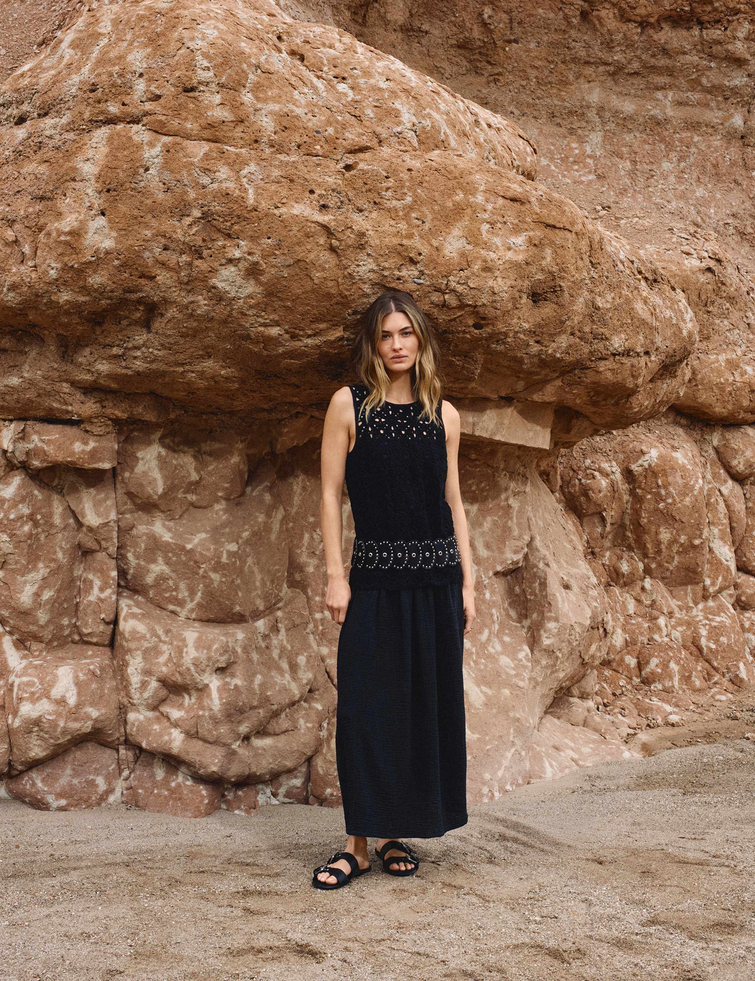 Pure Cotton Crochet Style Double Cloth Mix Midi Dress 1 of 5