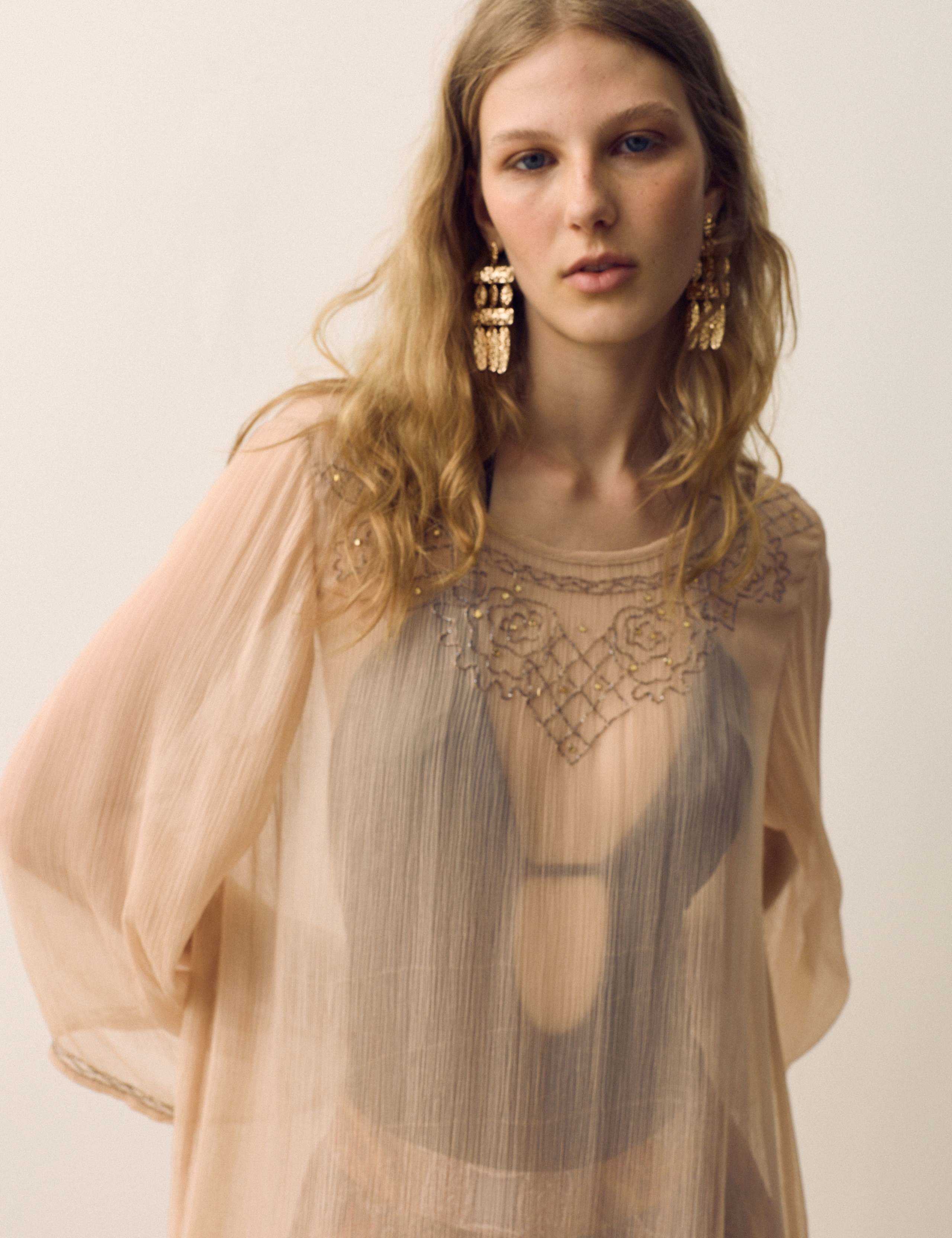 Cupro Beaded Flute Sleeves Tunic 1 of 6
