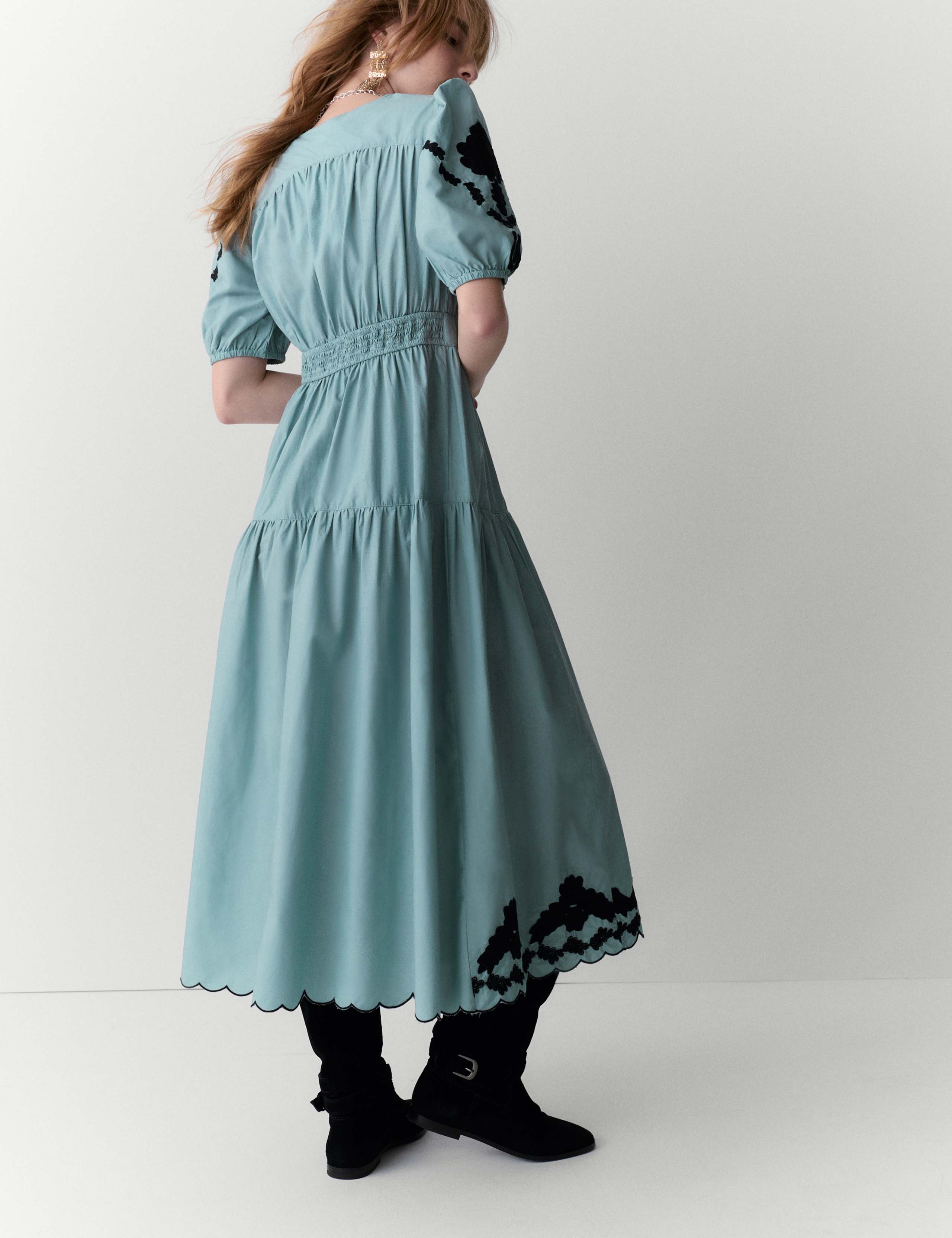 Pure Cotton Appliqué Midaxi Waisted Dress 3 of 5