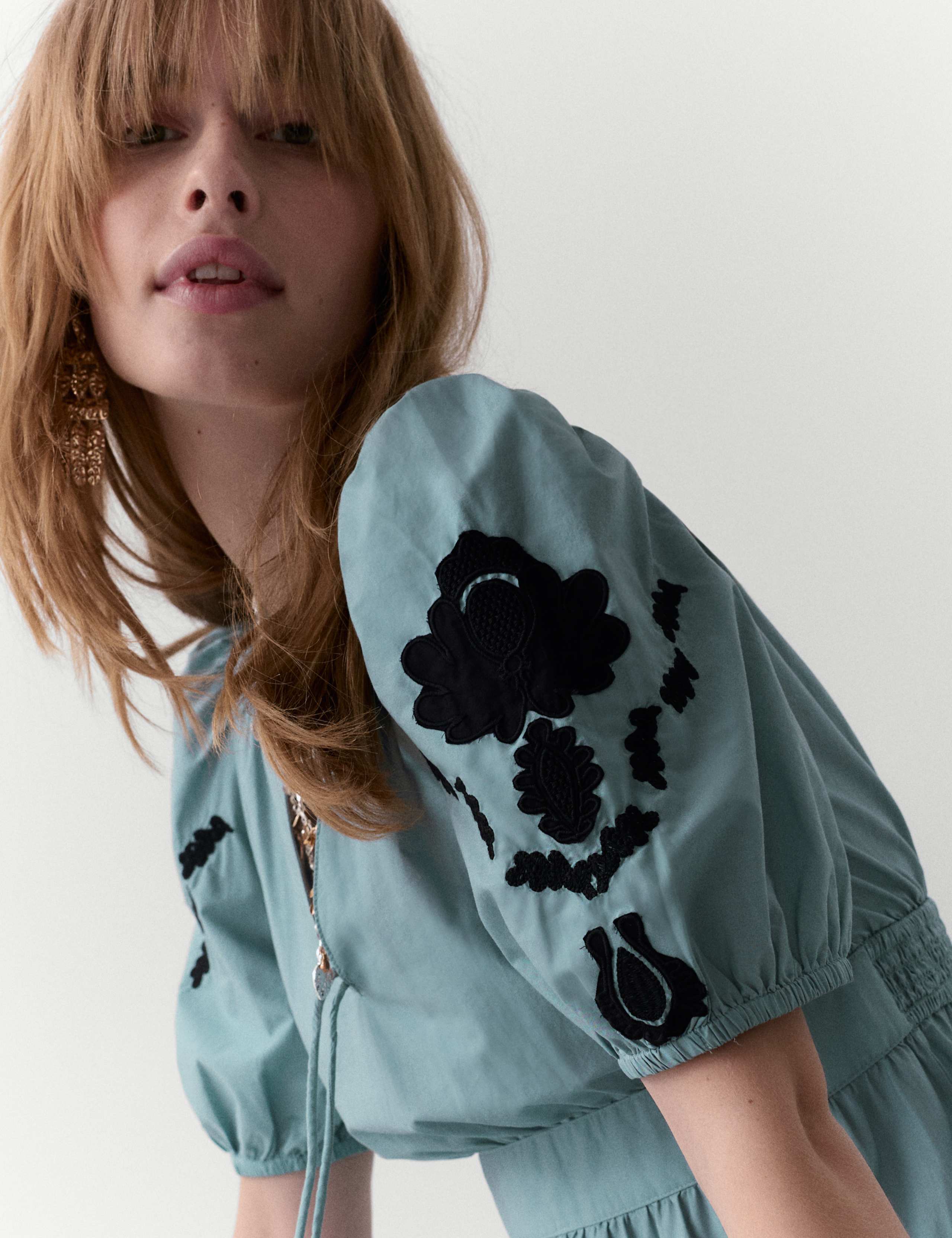 Pure Cotton Appliqué Midaxi Waisted Dress 4 of 5