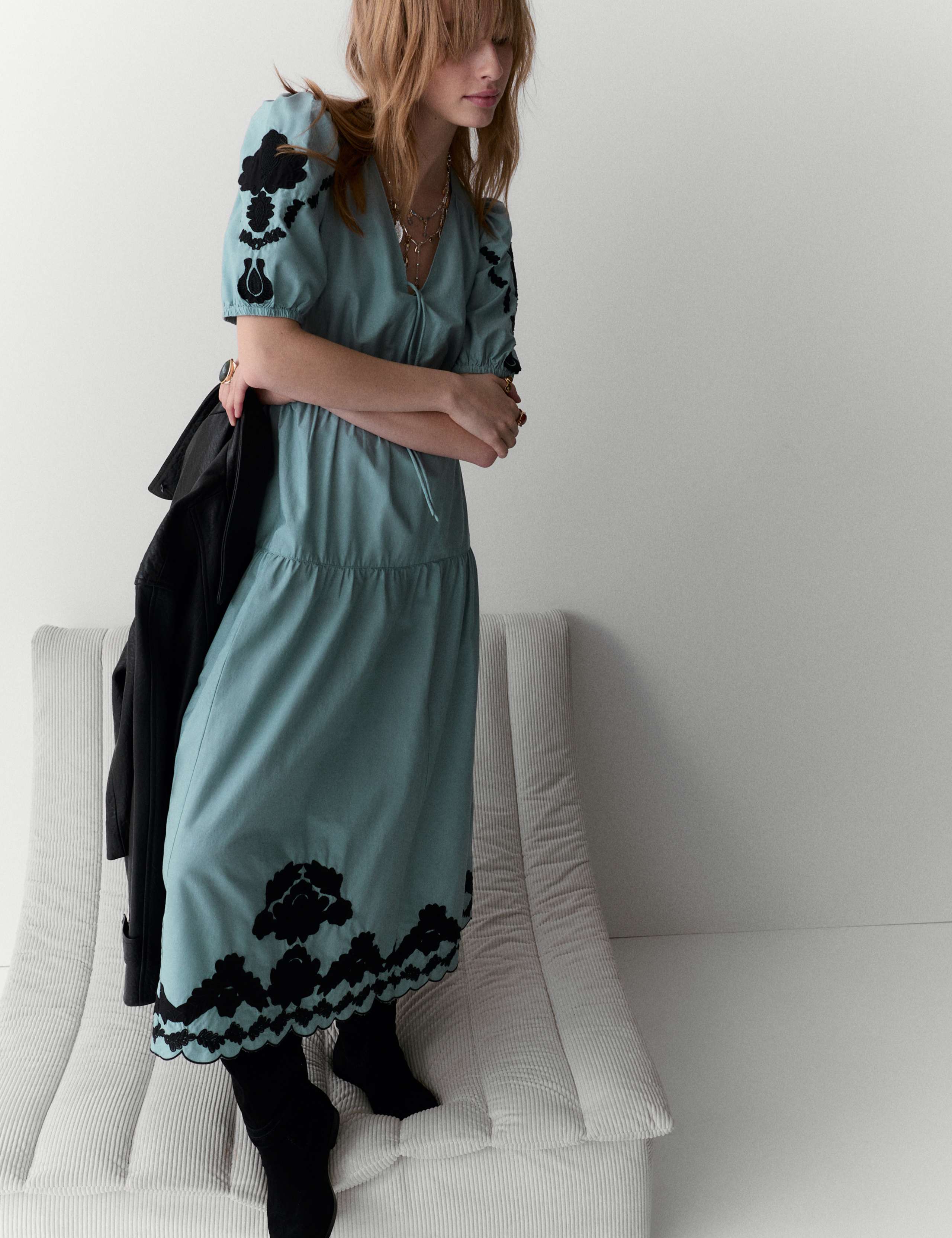 Pure Cotton Appliqué Midaxi Waisted Dress 5 of 5