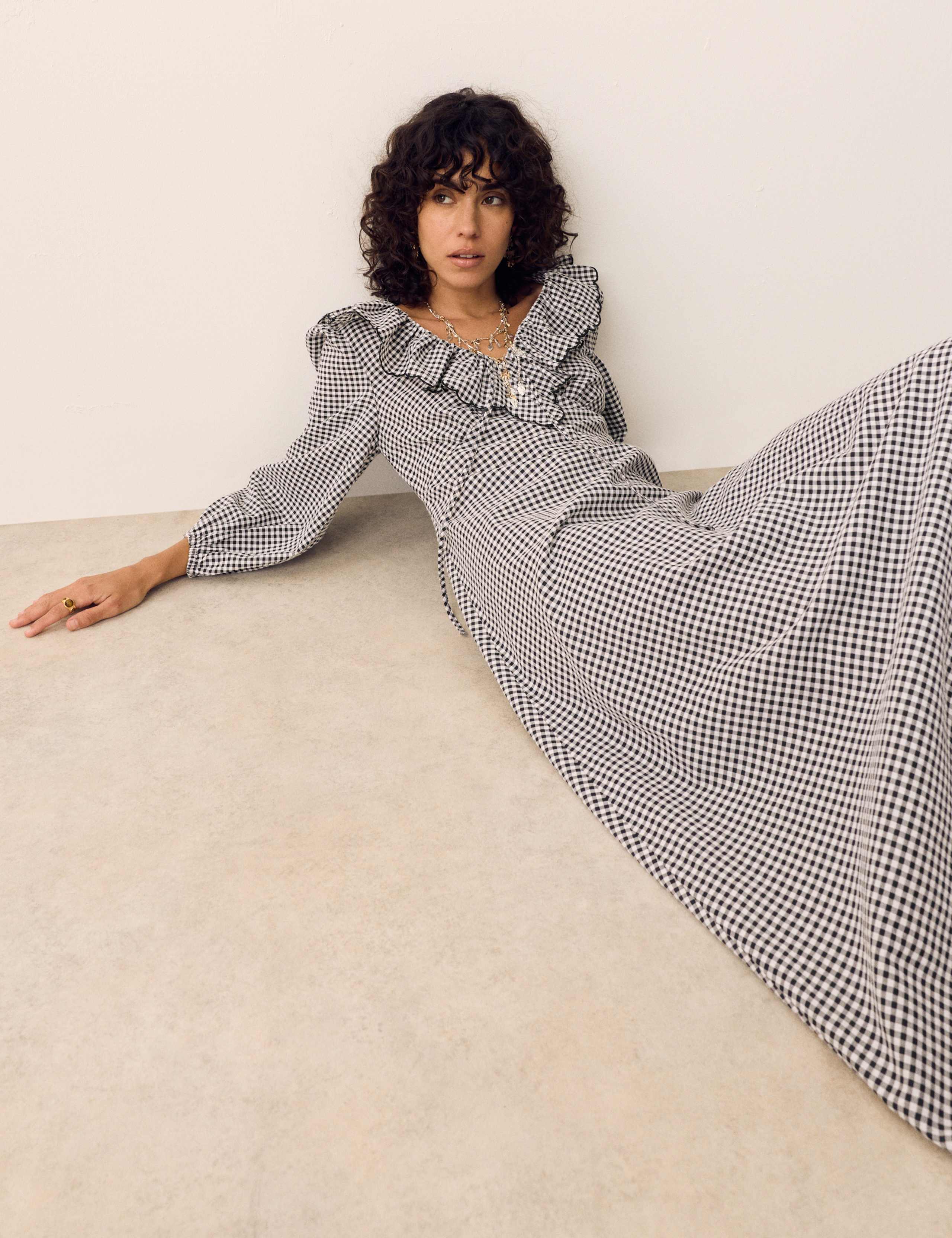 Cotton Rich Gingham Frill Neck Midaxi Dress 3 of 5