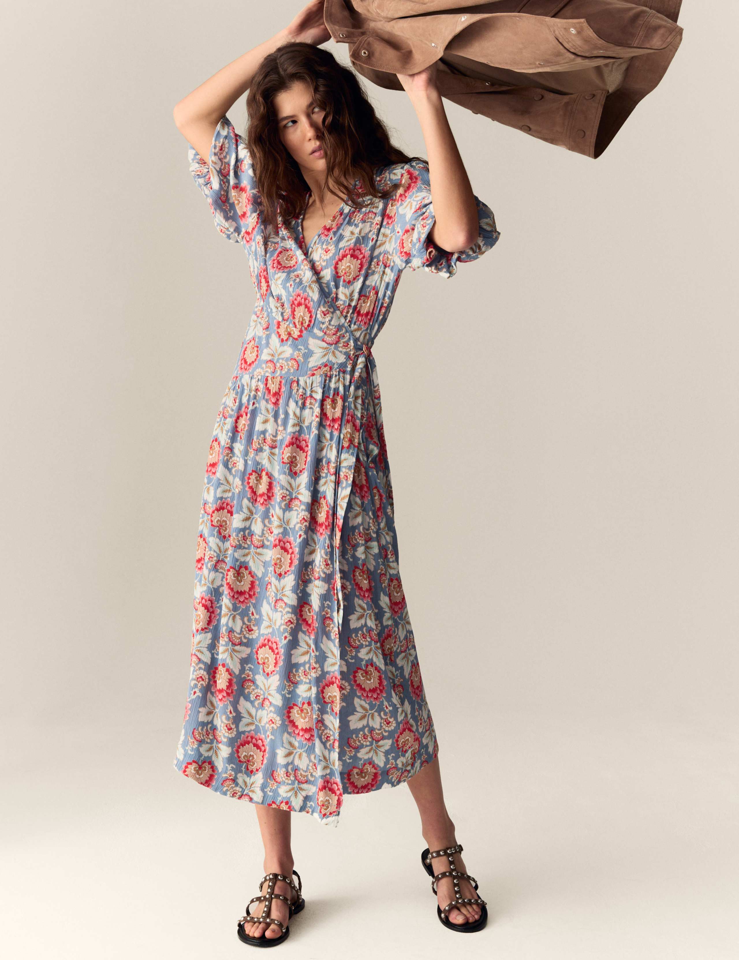 Floral V-Neck Gathered Midi Wrap Dress 1 of 5
