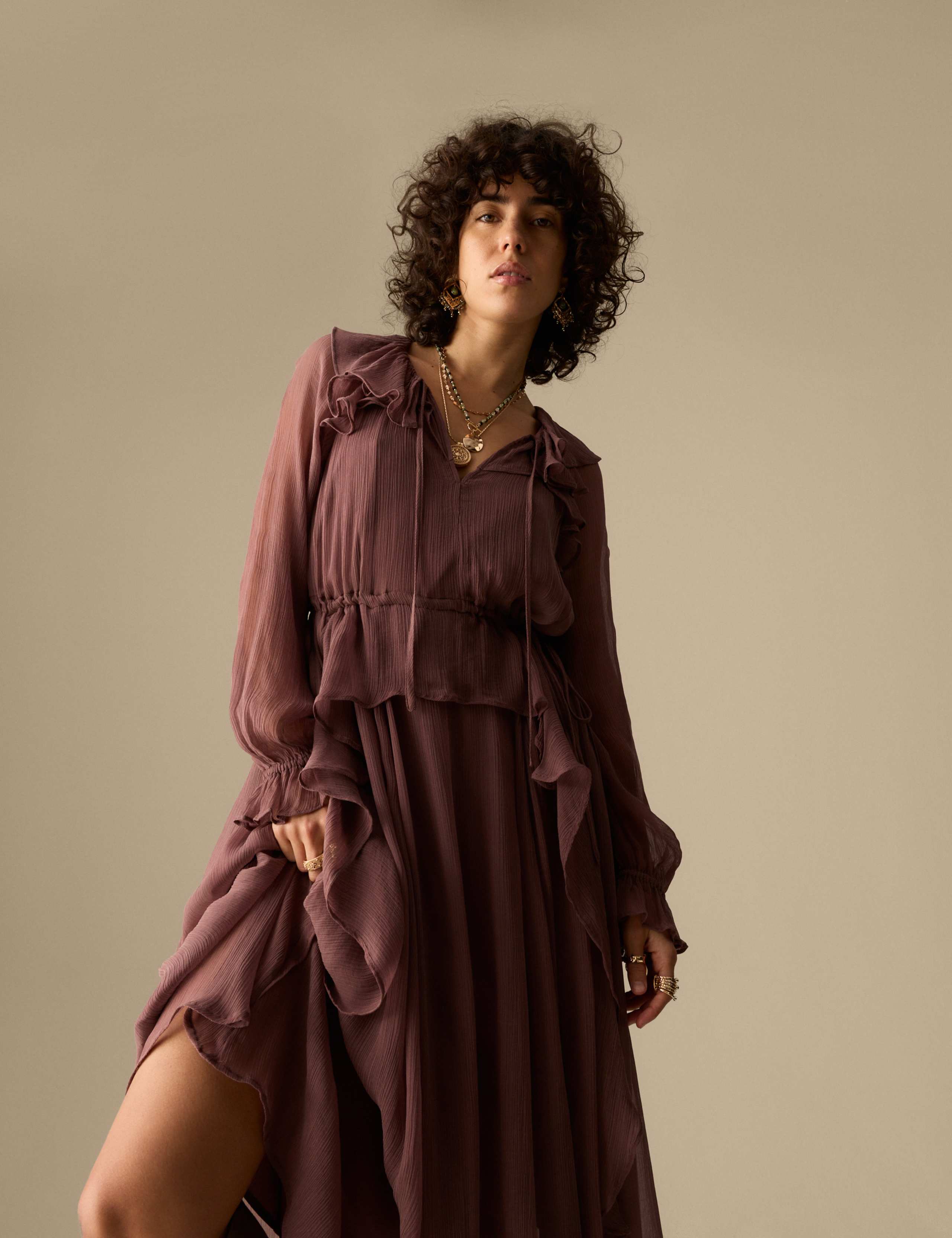 Cupro Ruffle Tie Neck Maxi Waisted Dress 4 of 5