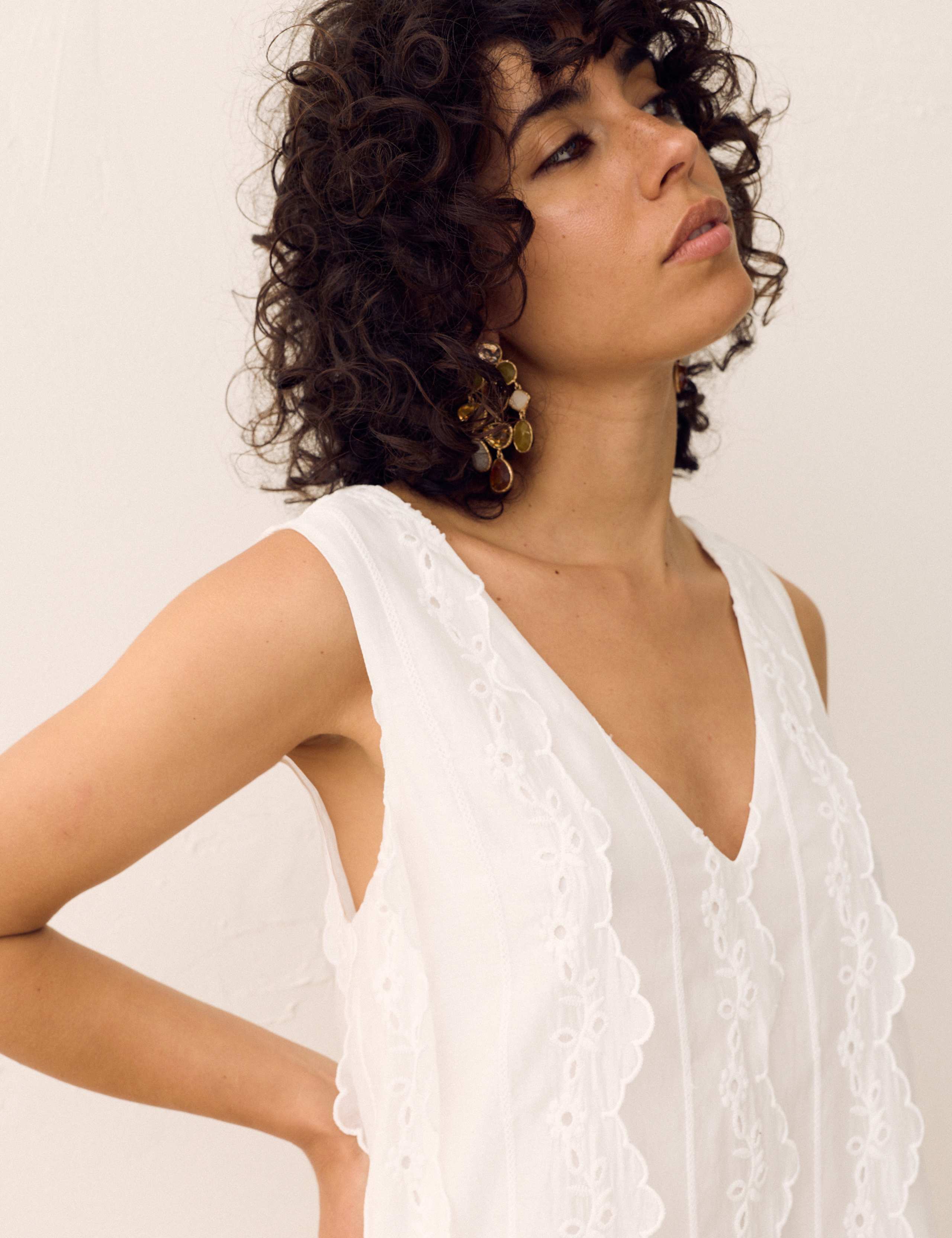 Lyocell Rich Broderie V-Neck Mini Smock Dress 3 of 7