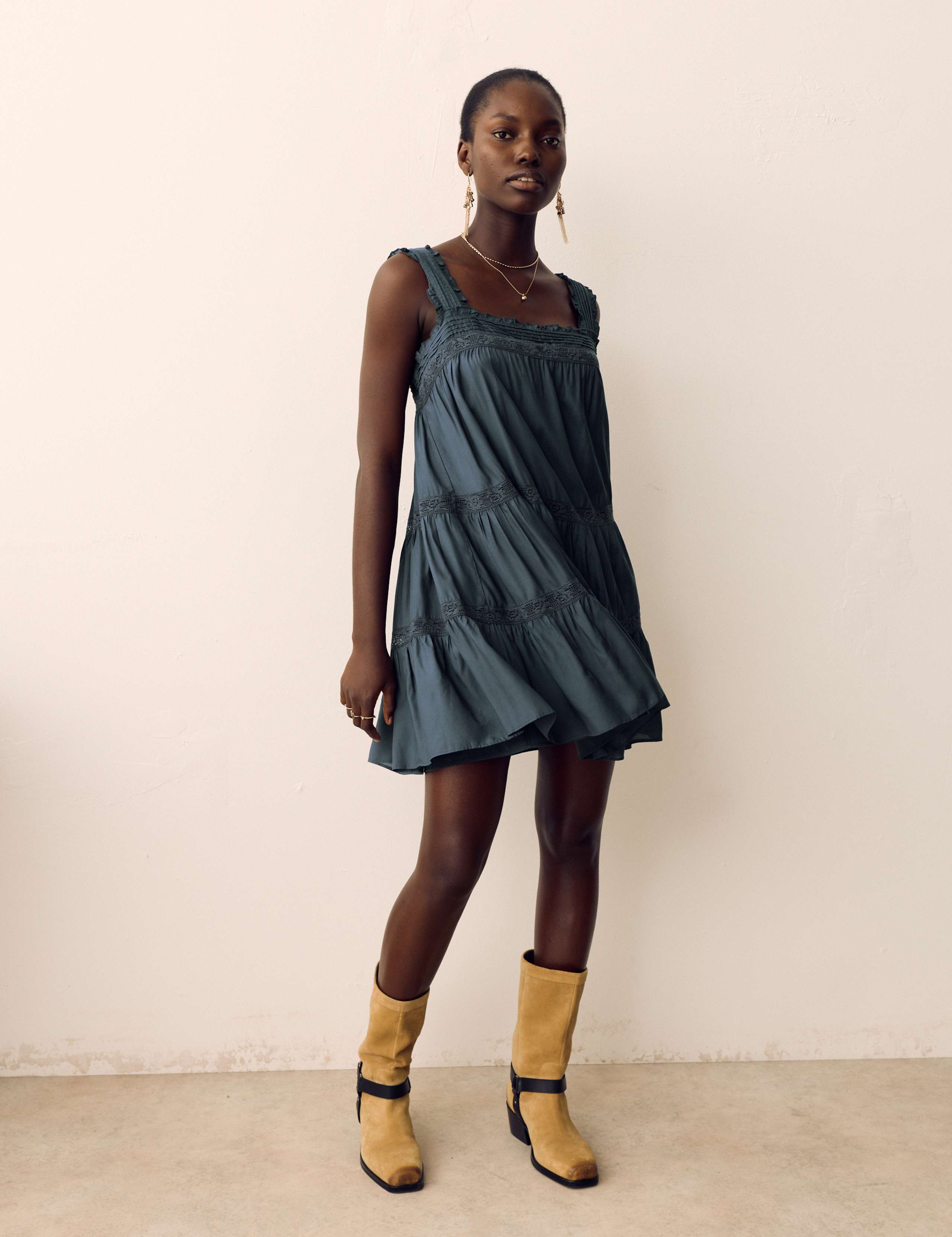 Lace Square Neck Mini Tiered Smock Dress 3 of 6