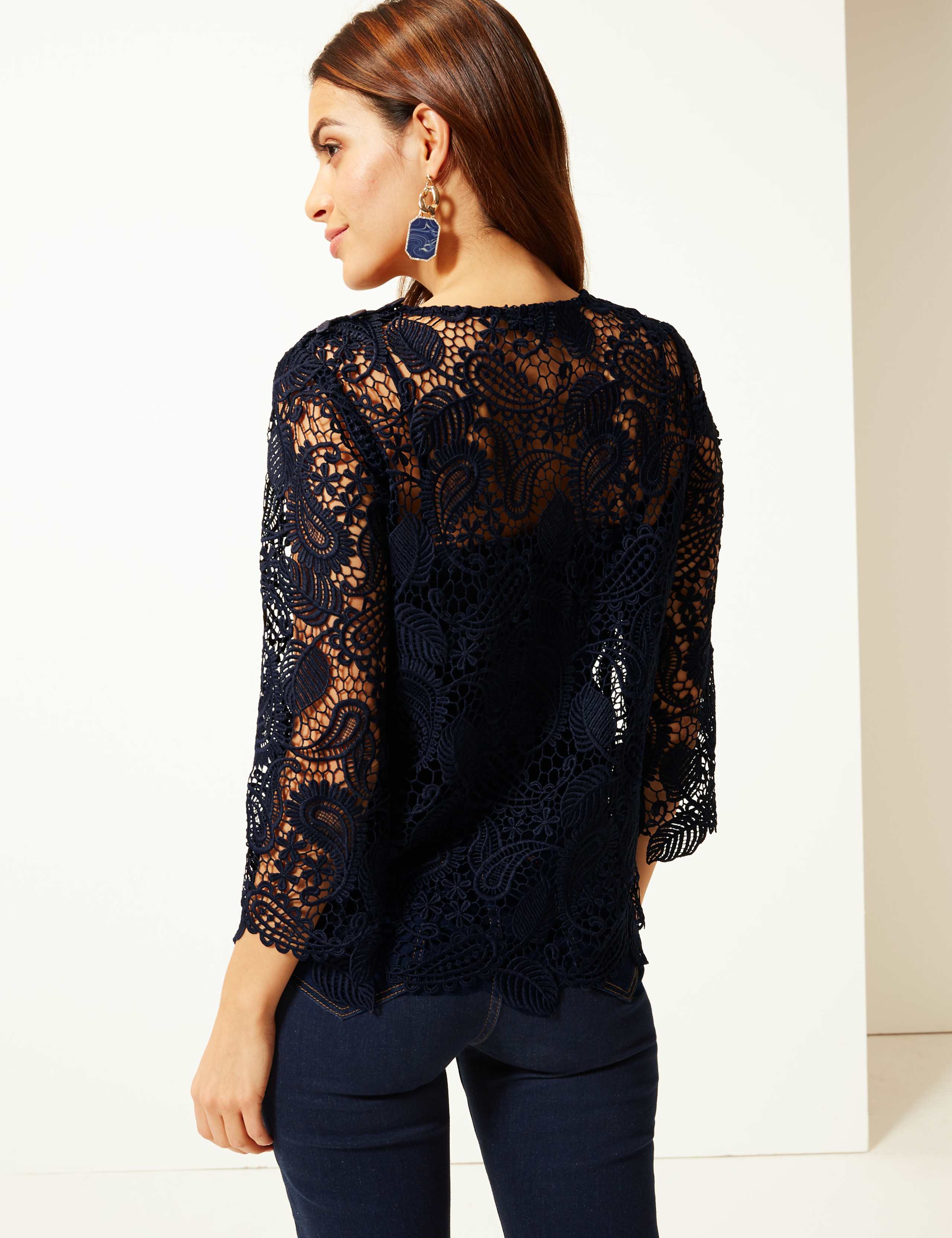 Lace Round Neck 3/4 Sleeve Blouse 4 of 5