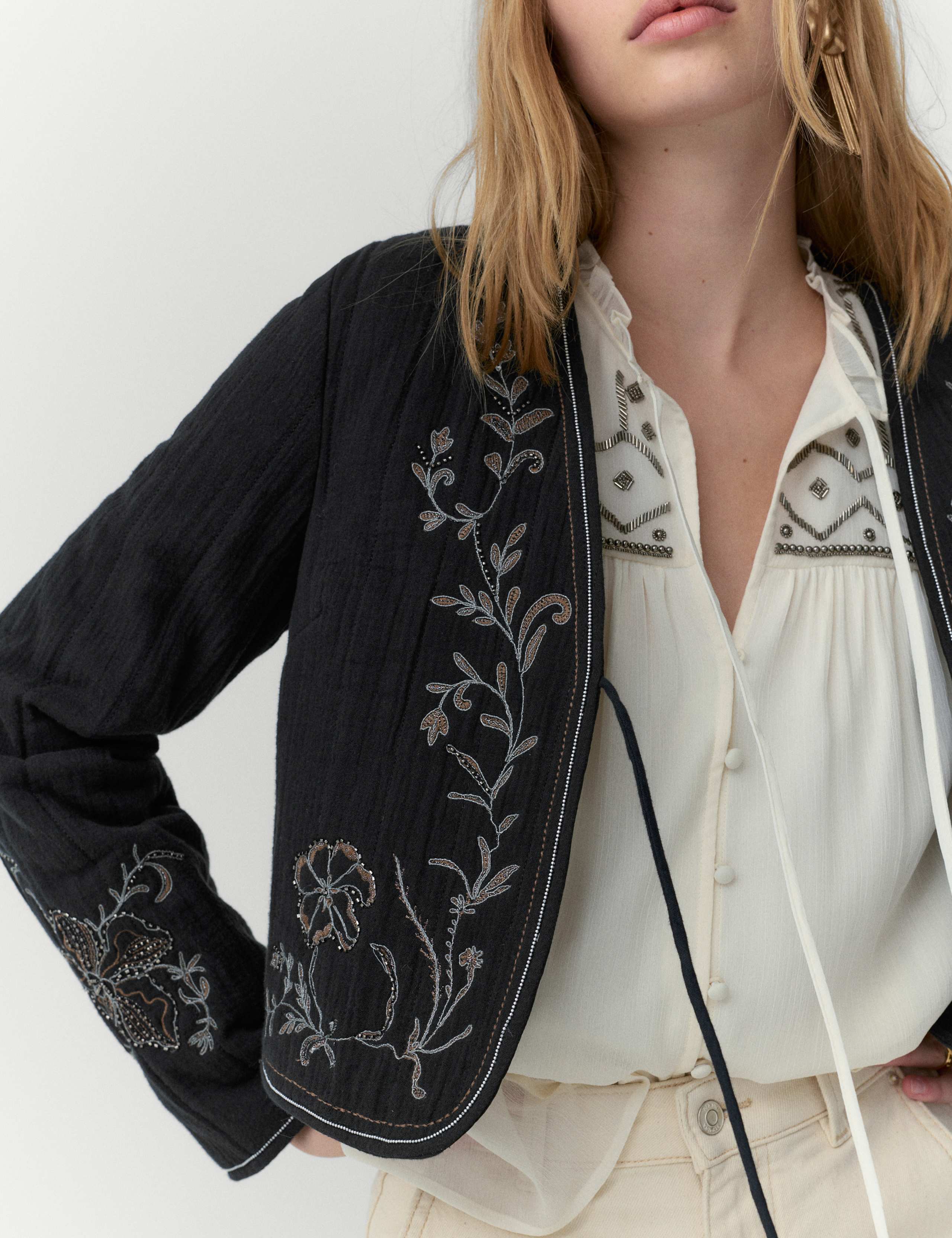 Pure Cotton Embellished Tie Front Jacket 1 of 7