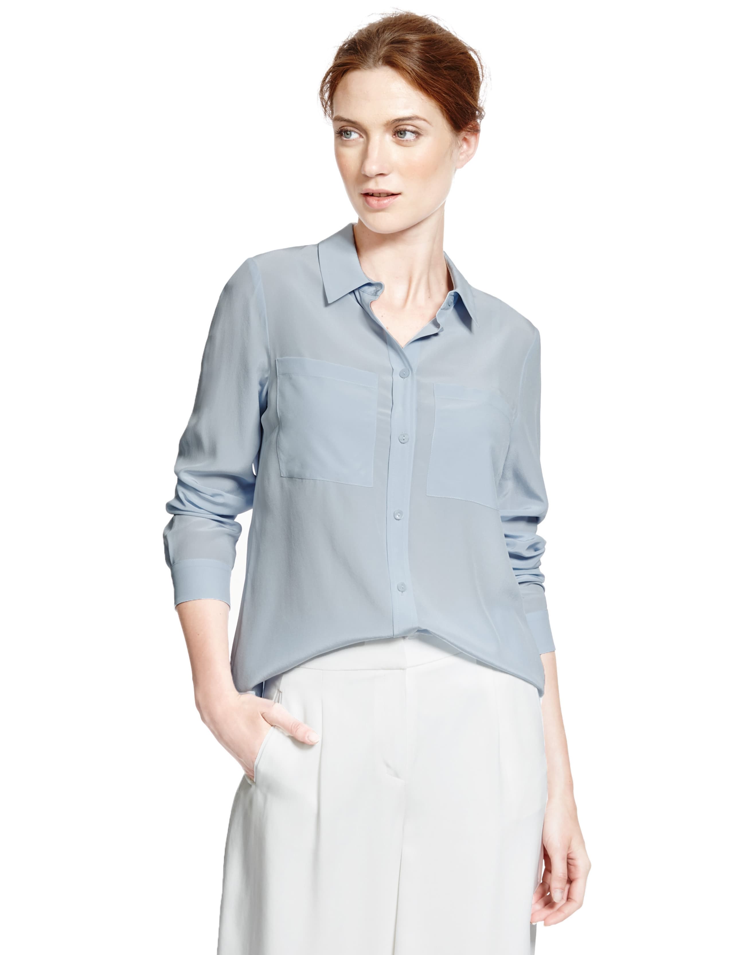 Pure Silk Dipped Hem Long Sleeve Blouse 1 of 4