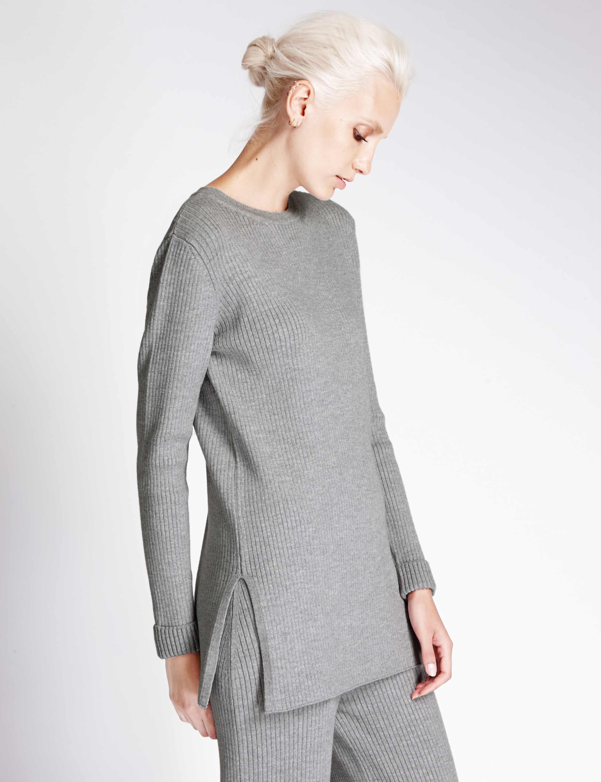 Round Neck Ribbed Tunic Jumper with Wool 1 of 4
