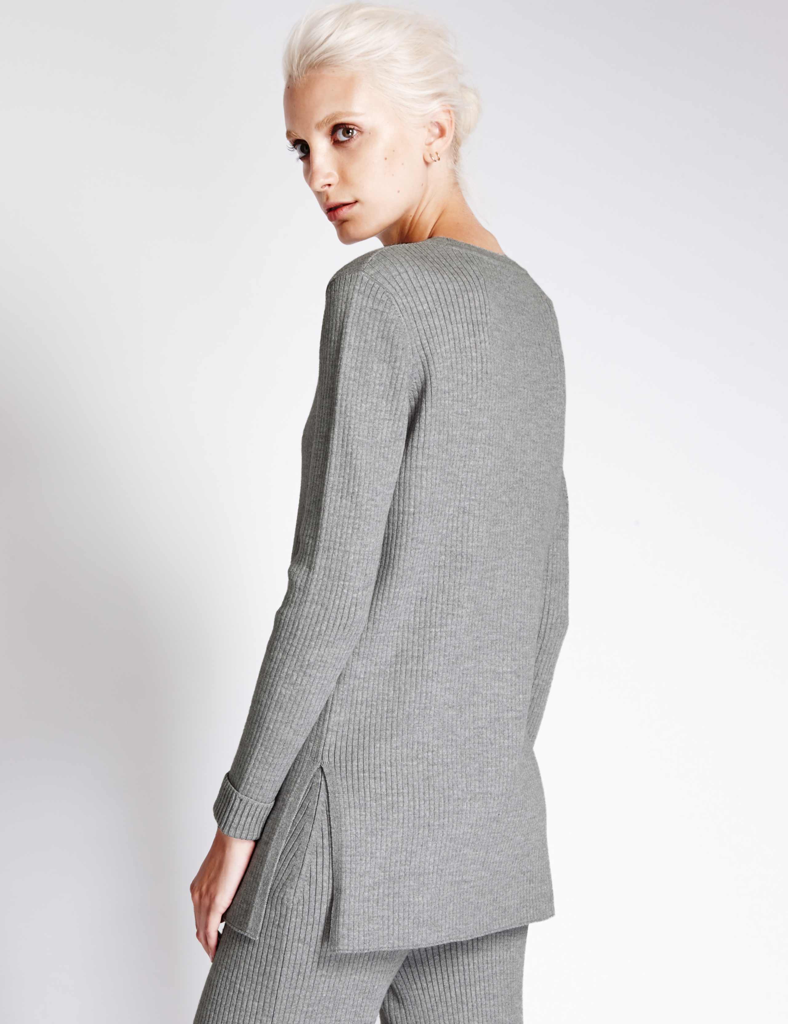 Round Neck Ribbed Tunic Jumper with Wool 4 of 4