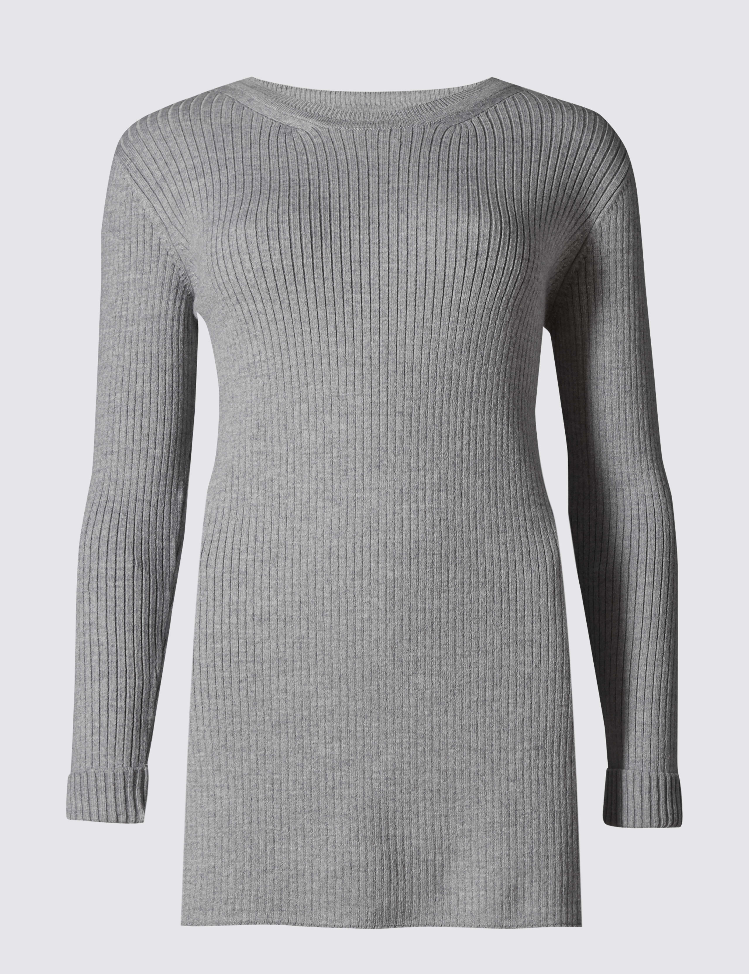 Round Neck Ribbed Tunic Jumper with Wool 2 of 4